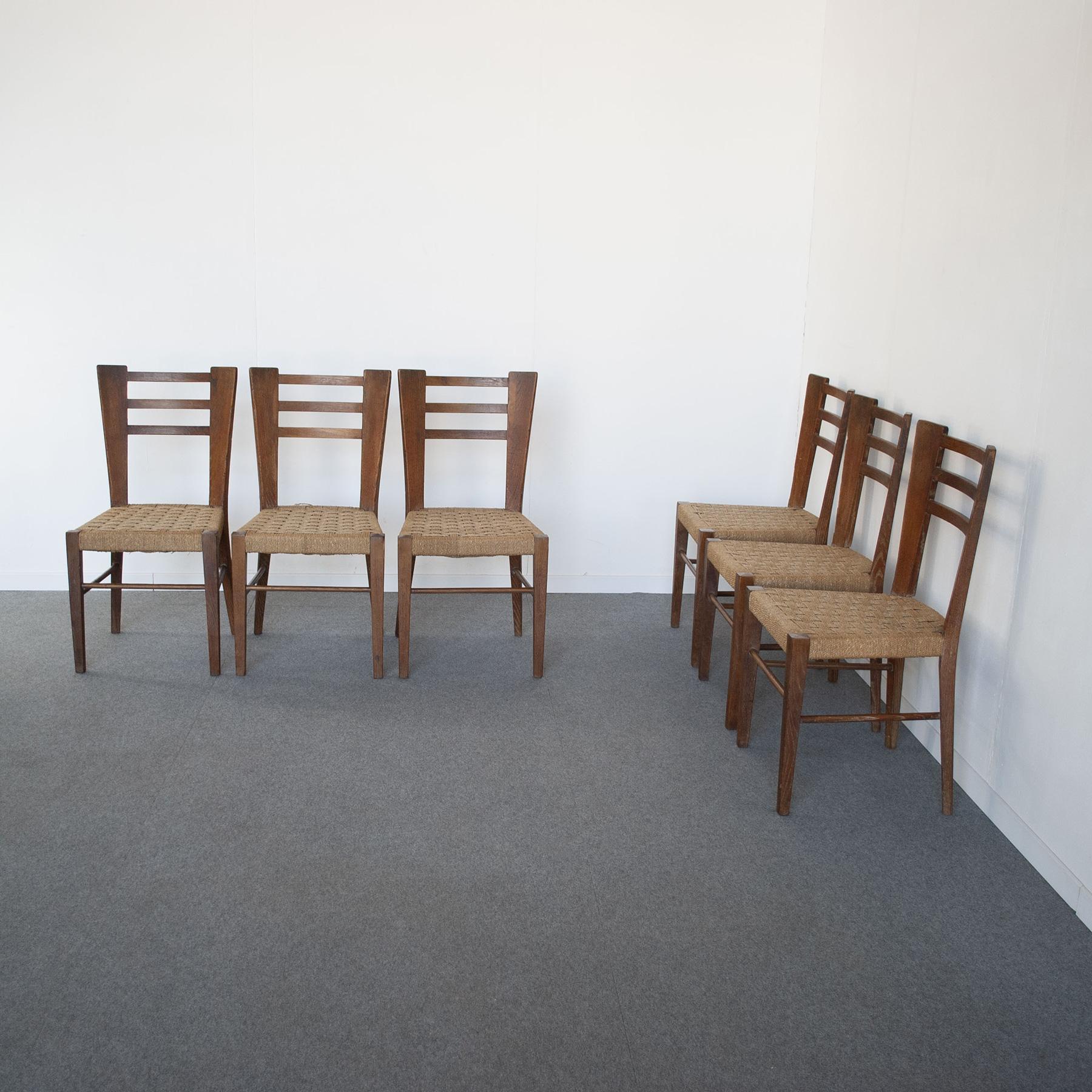 Paolo Buffa Italian Midcentury Set of Six Chairs in Wood and Rope Late 50, S 9