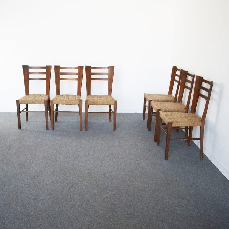 Set of six rare wooden frame chairs with rope seat in perfect condition, late 1950s production, Paolo Buffa.