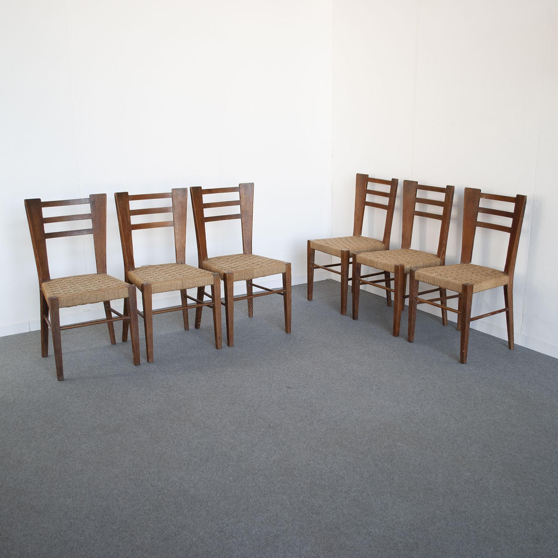 Mid-Century Modern Paolo Buffa Italian Midcentury Set of Six Chairs in Wood and Rope Late 50, S