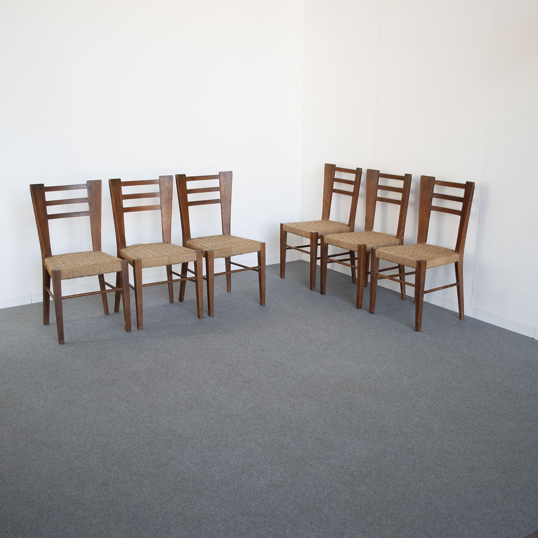 Paolo Buffa Italian Midcentury Set of Six Chairs in Wood and Rope Late 50, S In Good Condition In bari, IT