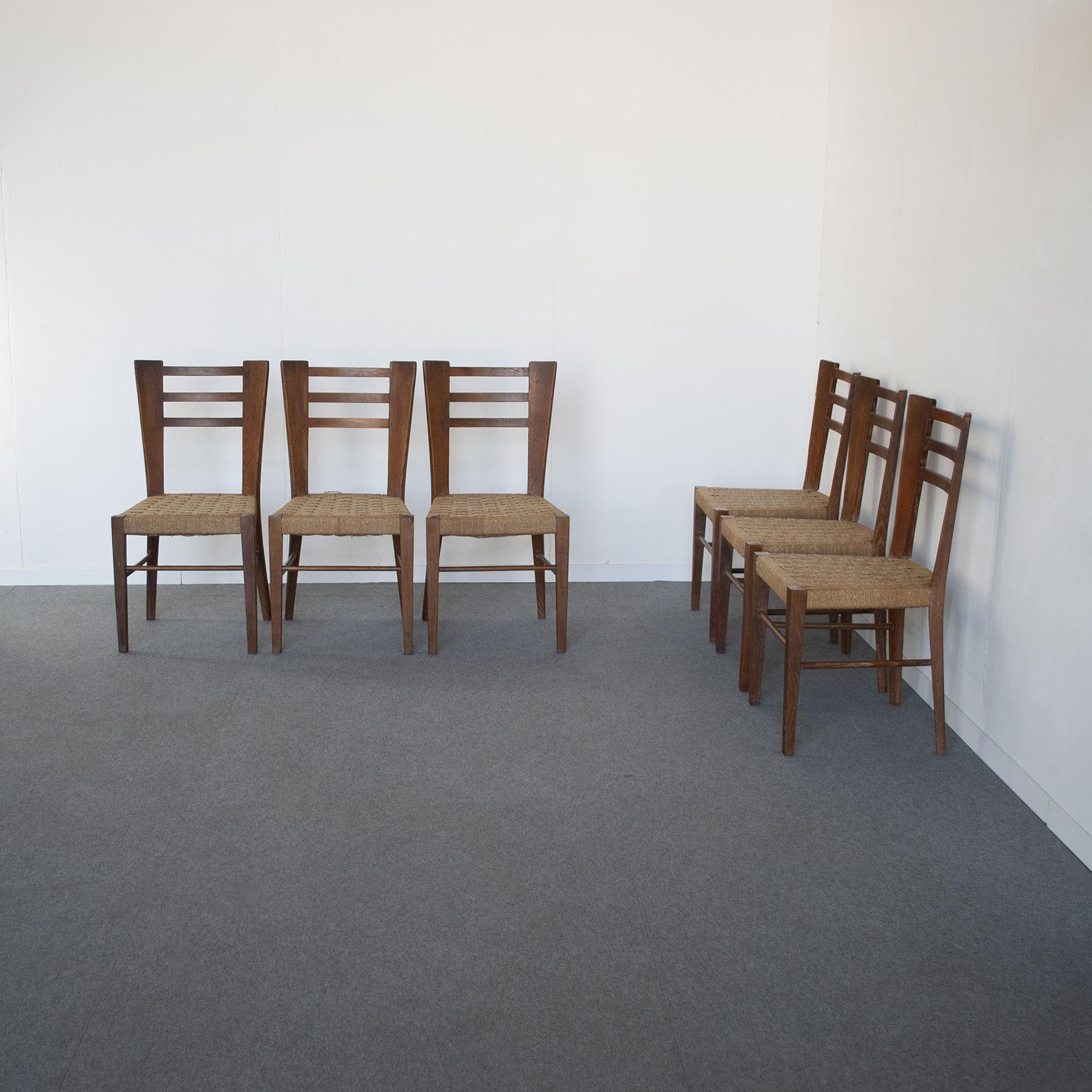 Mid-20th Century Paolo Buffa Italian Midcentury Set of Six Chairs in Wood and Rope Late 50, S