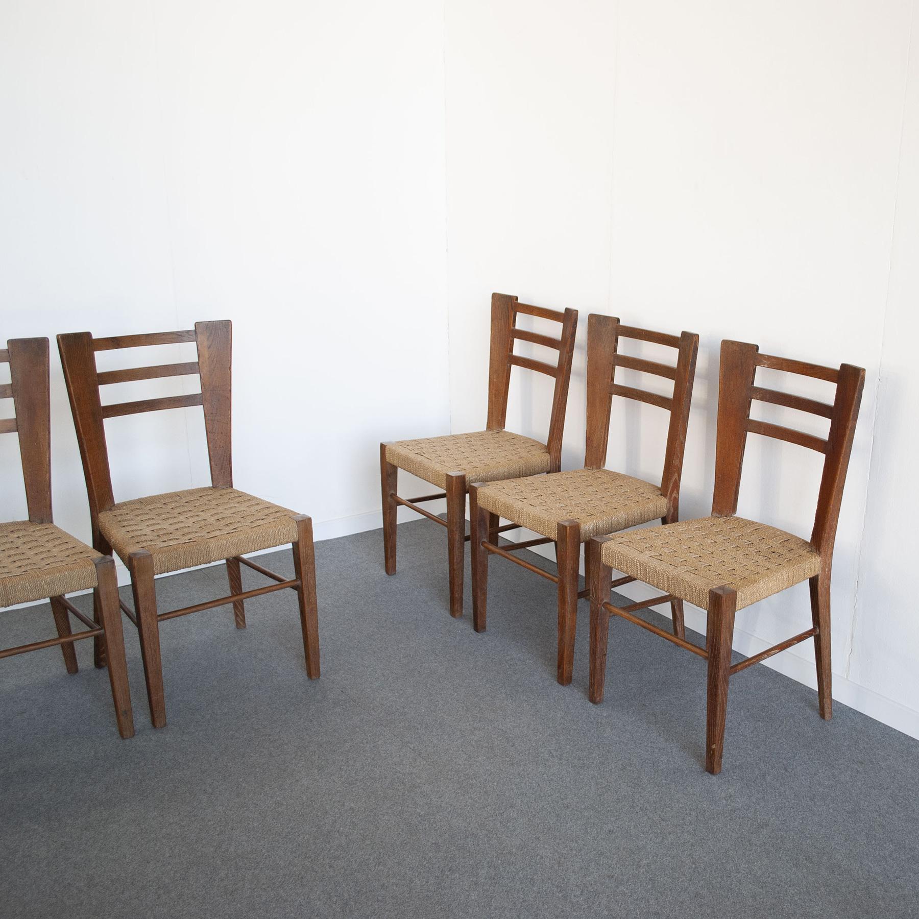 Paolo Buffa Italian Midcentury Set of Six Chairs in Wood and Rope Late 50, S 2