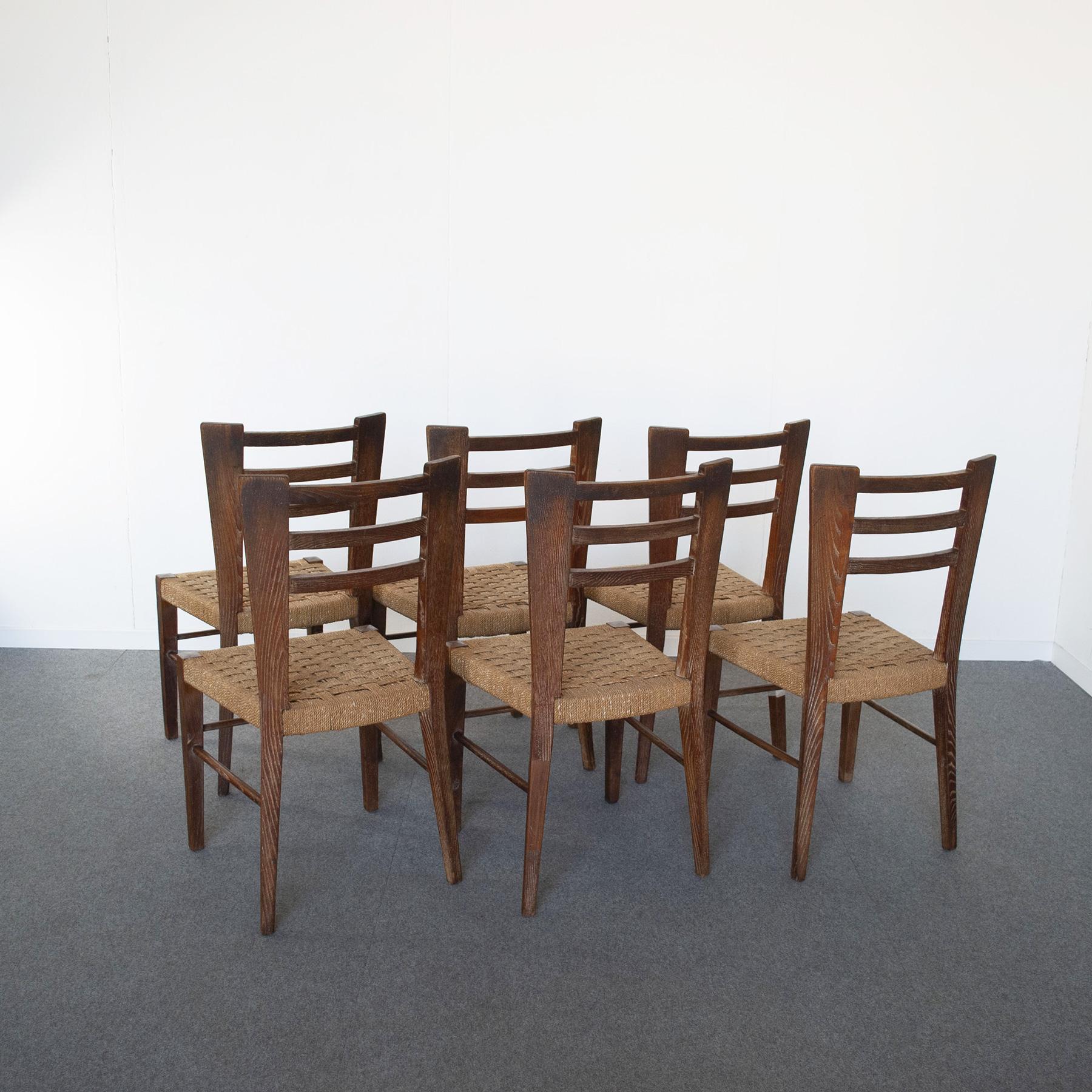 Paolo Buffa Italian Midcentury Set of Six Chairs in Wood and Rope Late 50, S 4