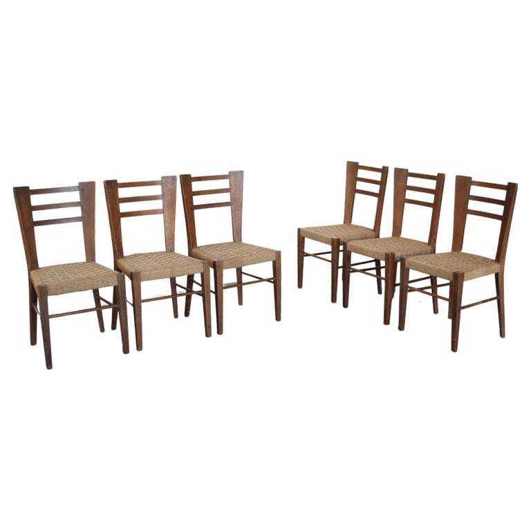 Paolo Buffa Italian Midcentury Set of Six Chairs in Wood and Rope Late 50,S For Sale