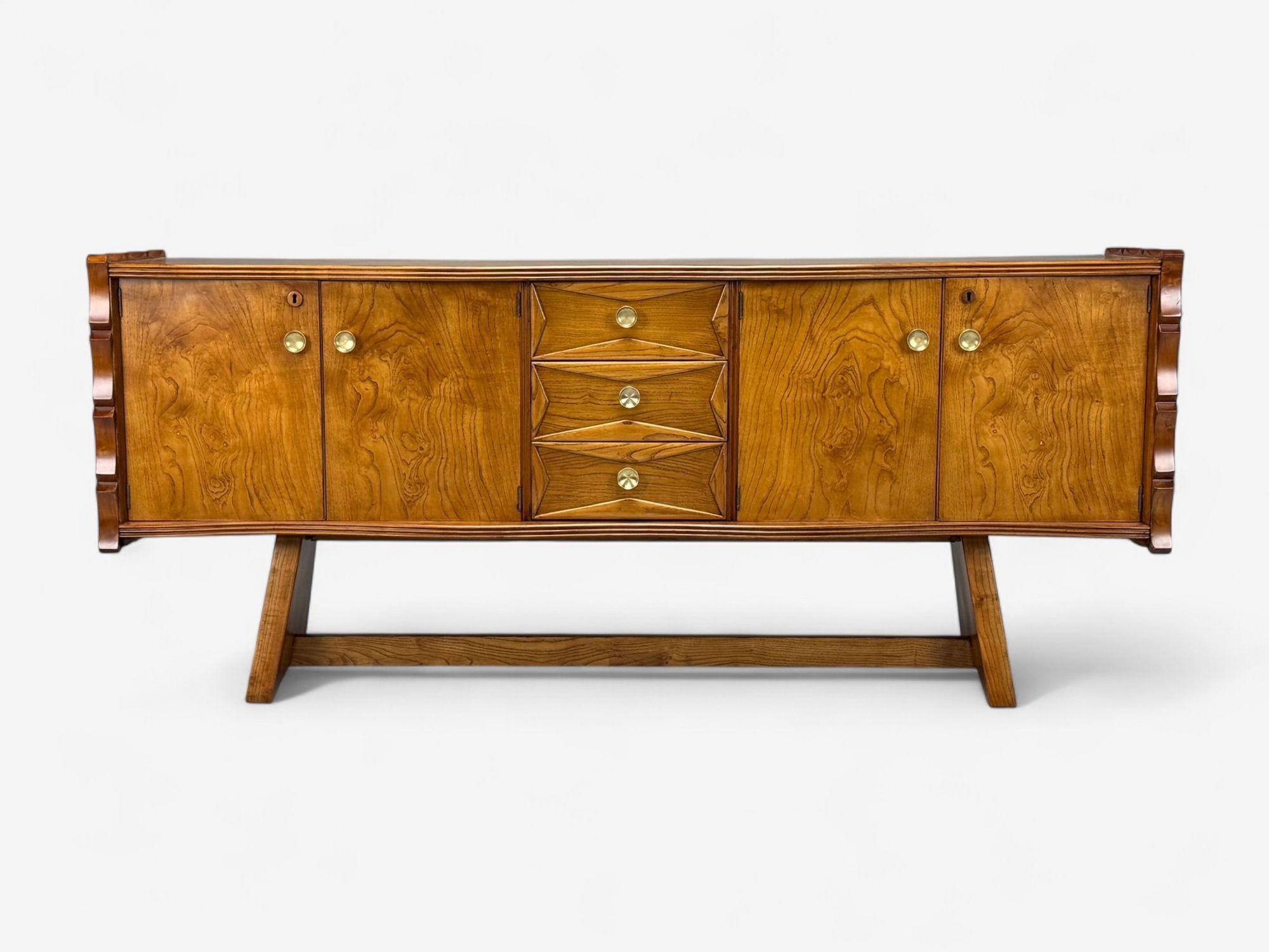 Mid-20th Century Paolo Buffa, Italian Modern, Cherrywood, Brass, Sideboard, Italy, 1950s For Sale
