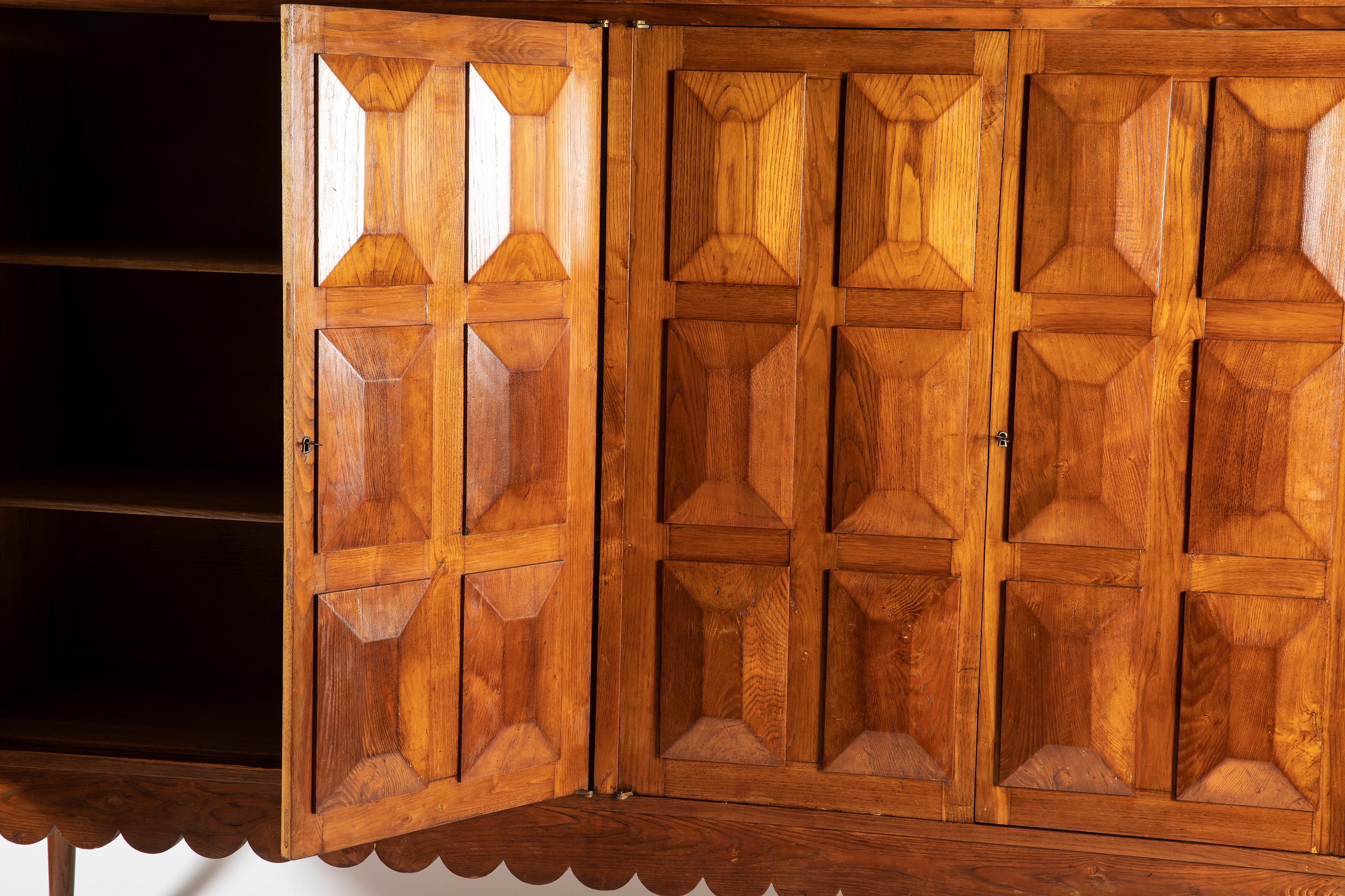 Brass Paolo Buffa Italian Oakwood with Four Ashlar-Work Doors Cabinet Highboard, 1940s