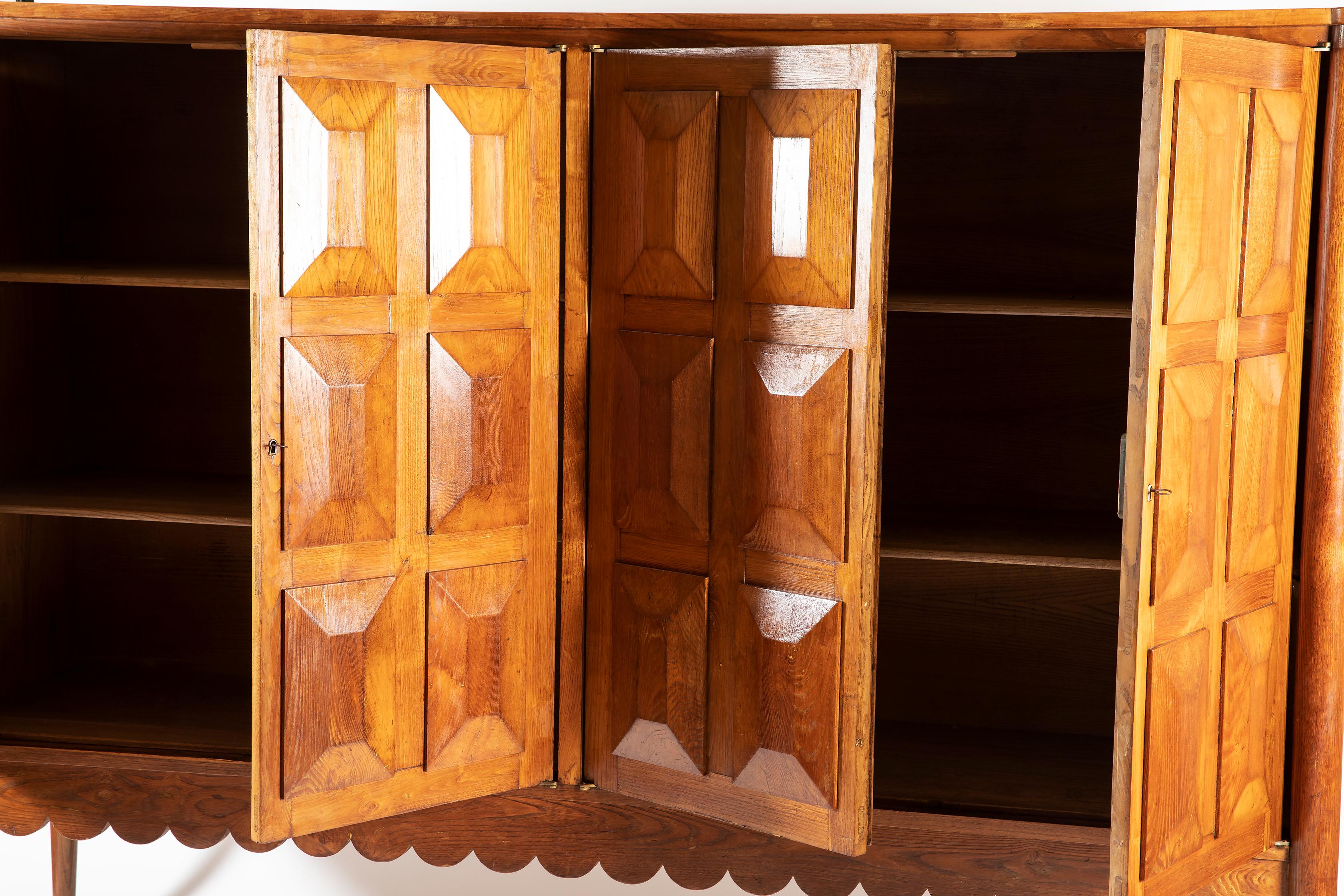 Paolo Buffa Italian Oakwood with Four Ashlar-Work Doors Cabinet Highboard, 1940s 1