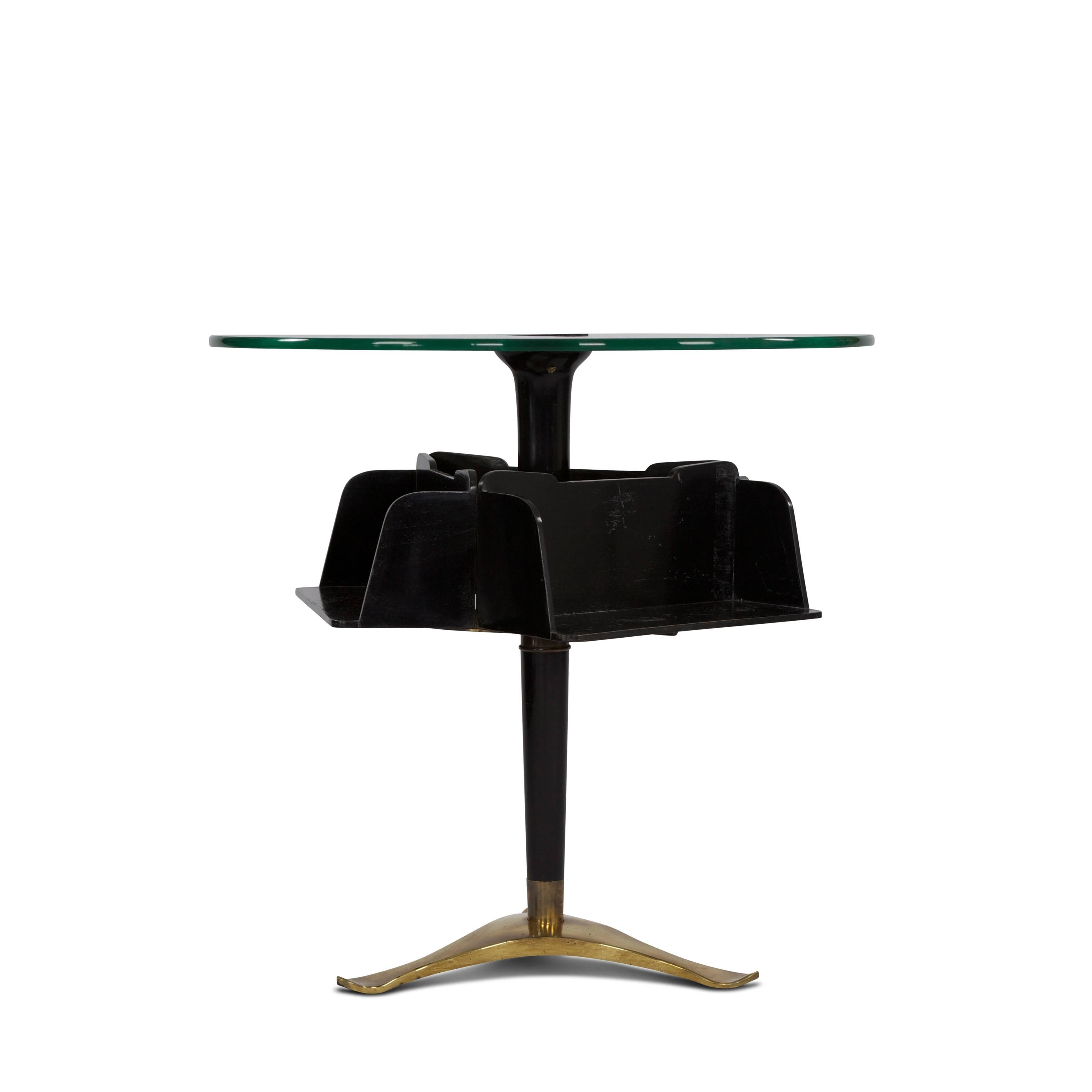 Mid-Century Modern Paolo Buffa Italian Side Table with Shelves, a Brass Base and Glass Top, 1940s For Sale