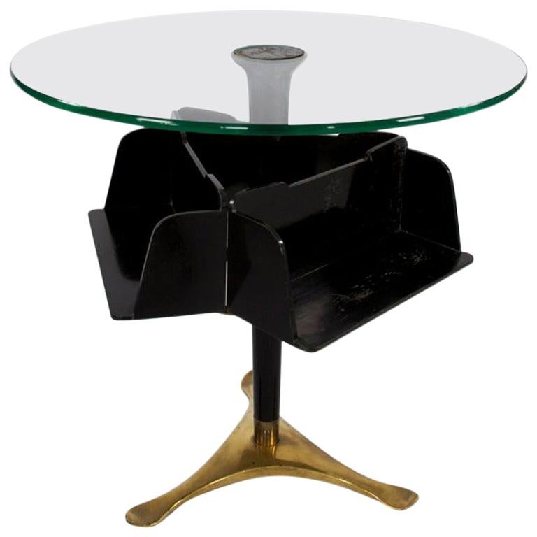 Paolo Buffa Italian Side Table with Shelves, a Brass Base and Glass Top, 1940s For Sale