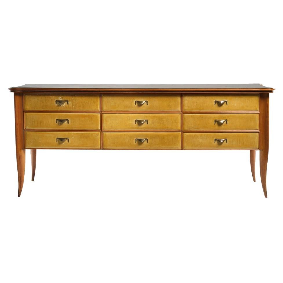 Paolo Buffa Large Sideboard in Wood, Brass and Glass Top, 1950s For Sale