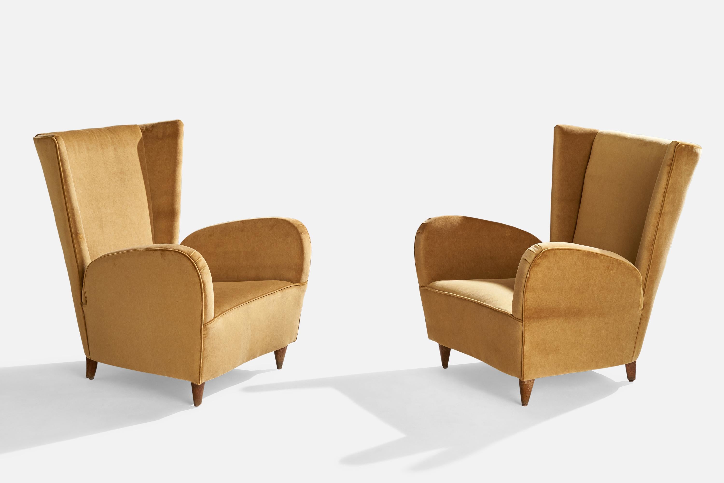 A pair of yellow velvet and italian walnut lounge chairs designed by Paolo Buffa for Hotel Bristol, Merano, Italy, c. 1950s.

Seat height 13.5”. 
