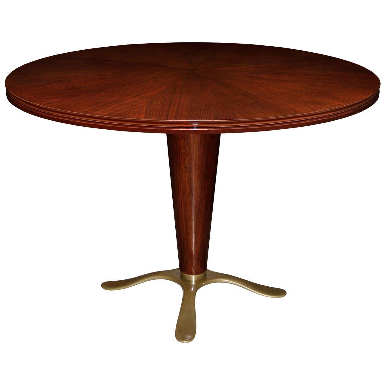 A mahogany pedestal table with starburst top and cast bronze base by Paolo Buffa.

Italian, Circa late 1940's

In Stock.