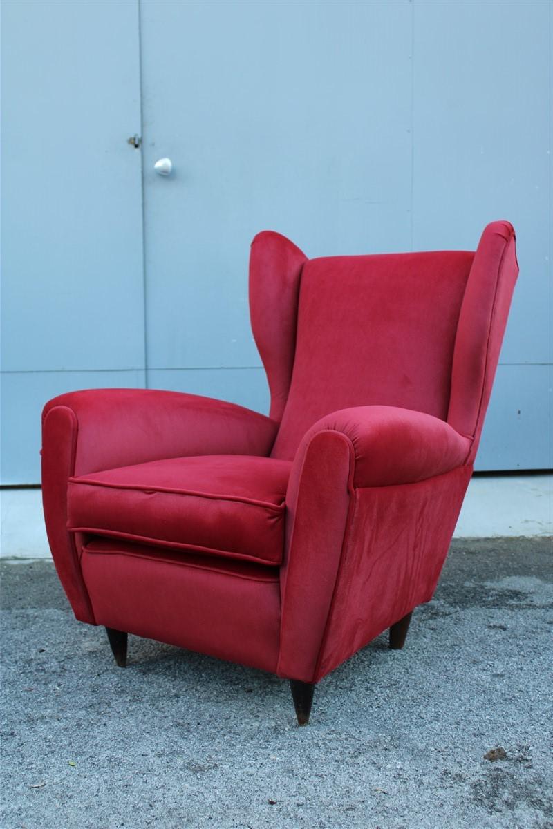 Paolo Buffa mid century armchair red velvet high back 1950s.