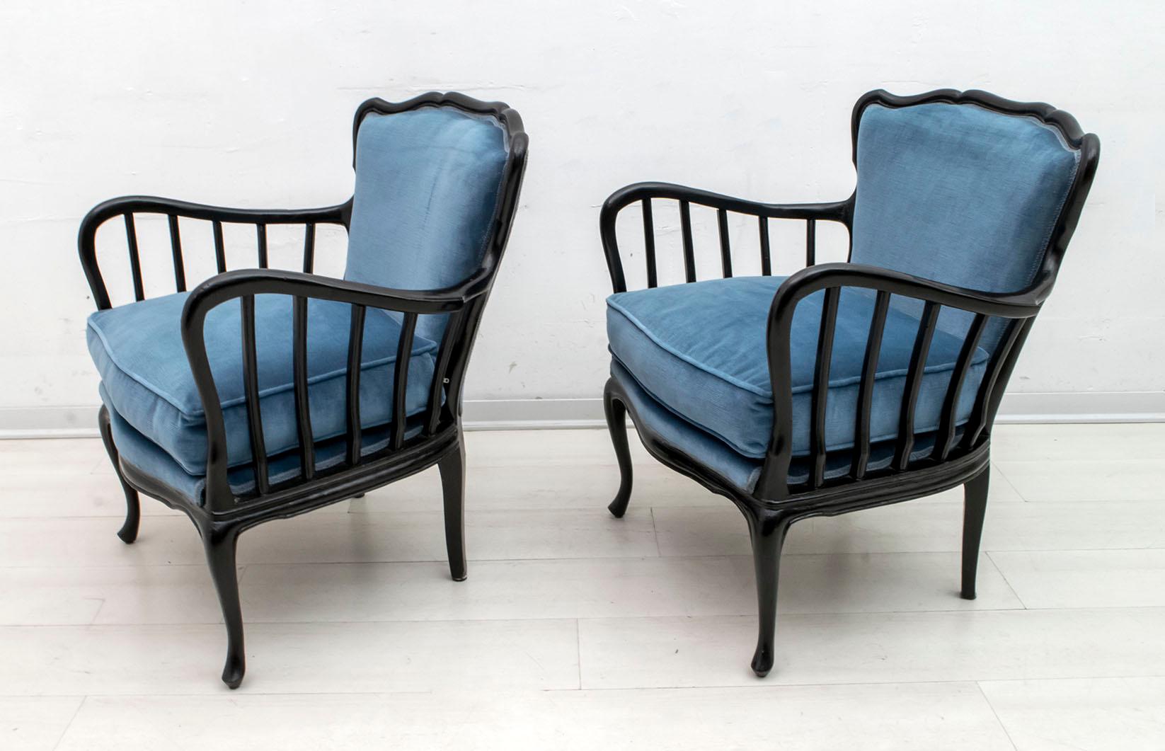 Paolo Buffa Mid-Century Modern Italian Velvet Footrest and Armchairs, 1950s 10