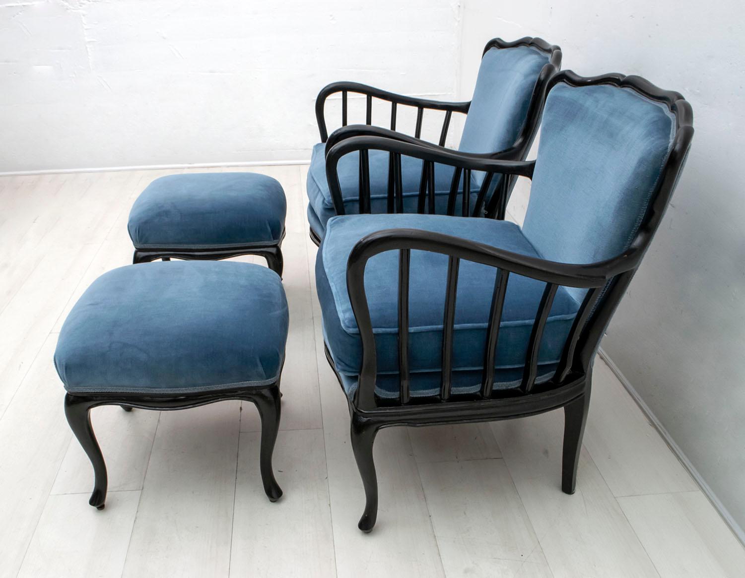 Paolo Buffa Mid-Century Modern Italian Velvet Footrest and Armchairs, 1950s 1