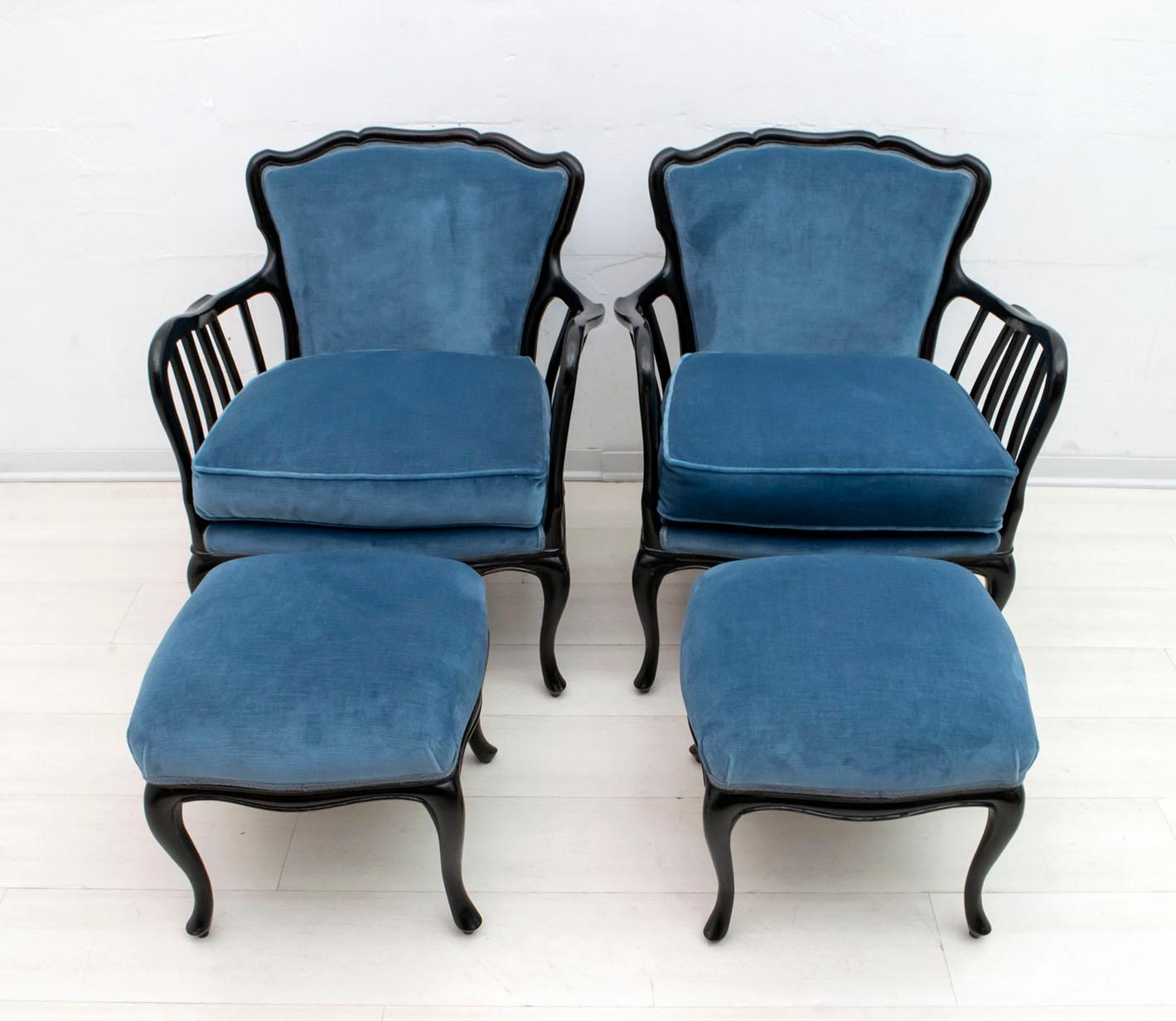 Paolo Buffa Mid-Century Modern Italian Velvet Footrest and Armchairs, 1950s 3