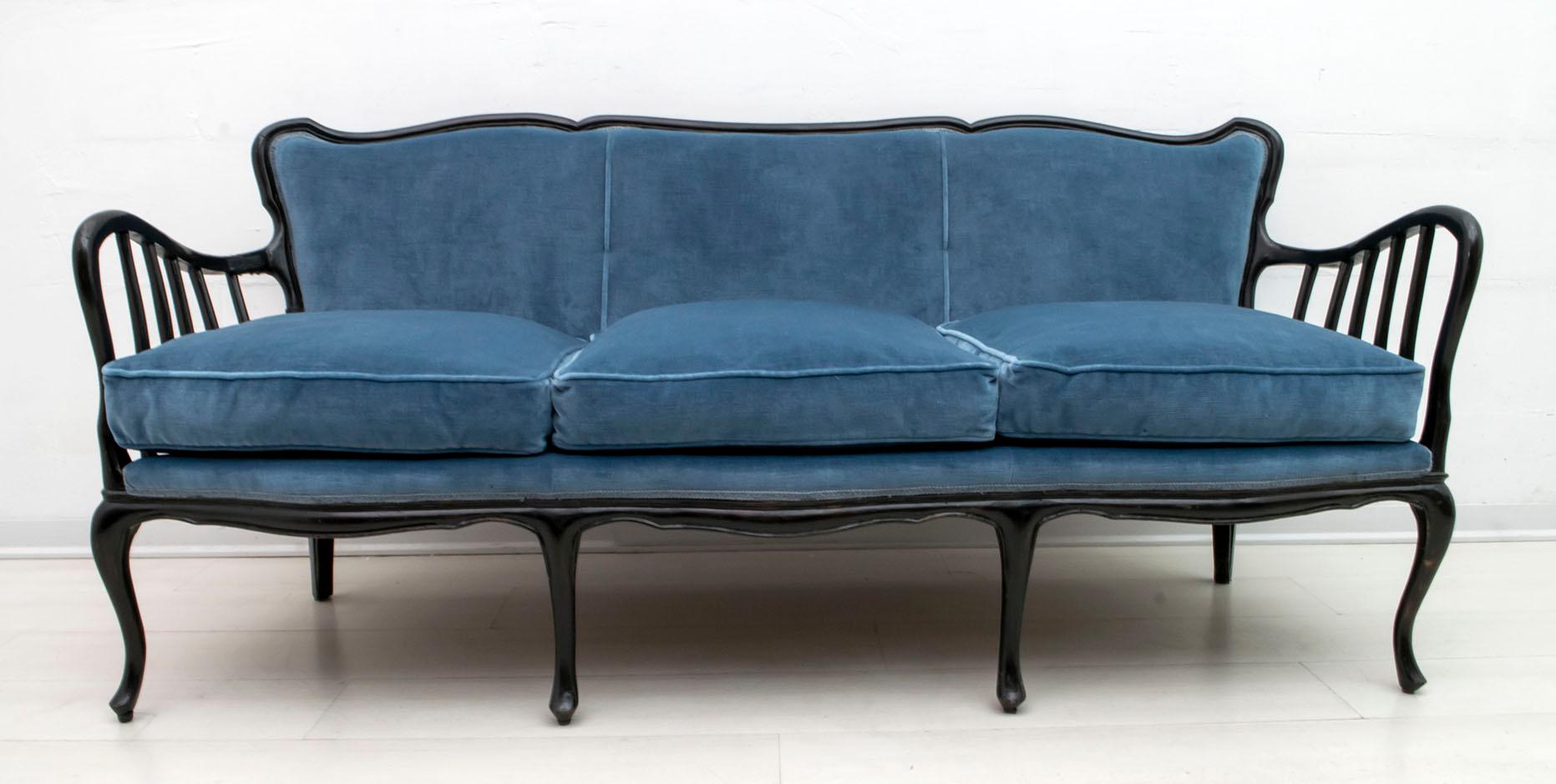 Paolo Buffa 3-seat sofa, structure in stained and polished beech, the blue velvet upholstery was redone a few years ago, the cushions are original in goose down.