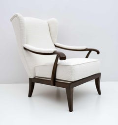 Paolo Buffa Mid-Century Modern Italian Walnut and Coating Boucle Armchair, 1950s