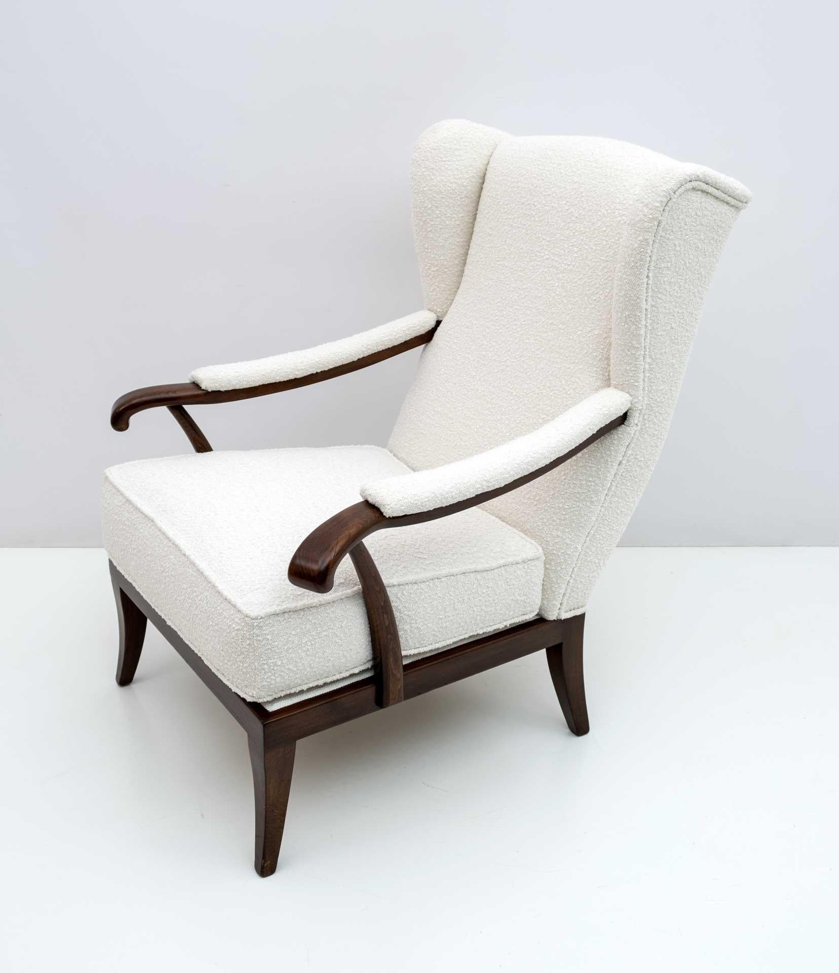 Mid-20th Century Paolo Buffa Mid-Century Modern Italian Walnut and Coating Boucle Armchair, 1950s For Sale