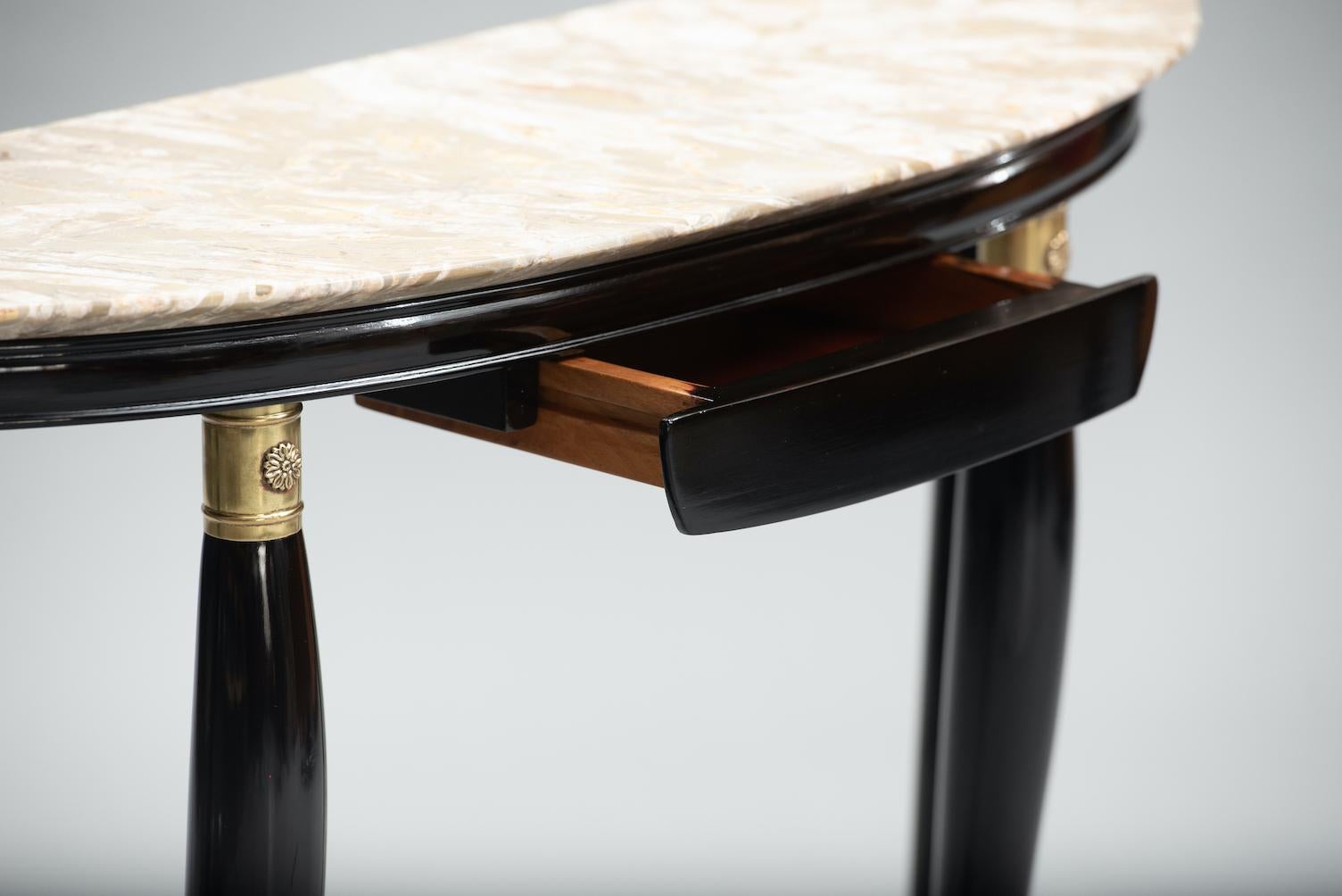 Mid-Century Modern ebonized wood and marble top console, brass hardware, attributed to Paolo Buffa, circa 1948