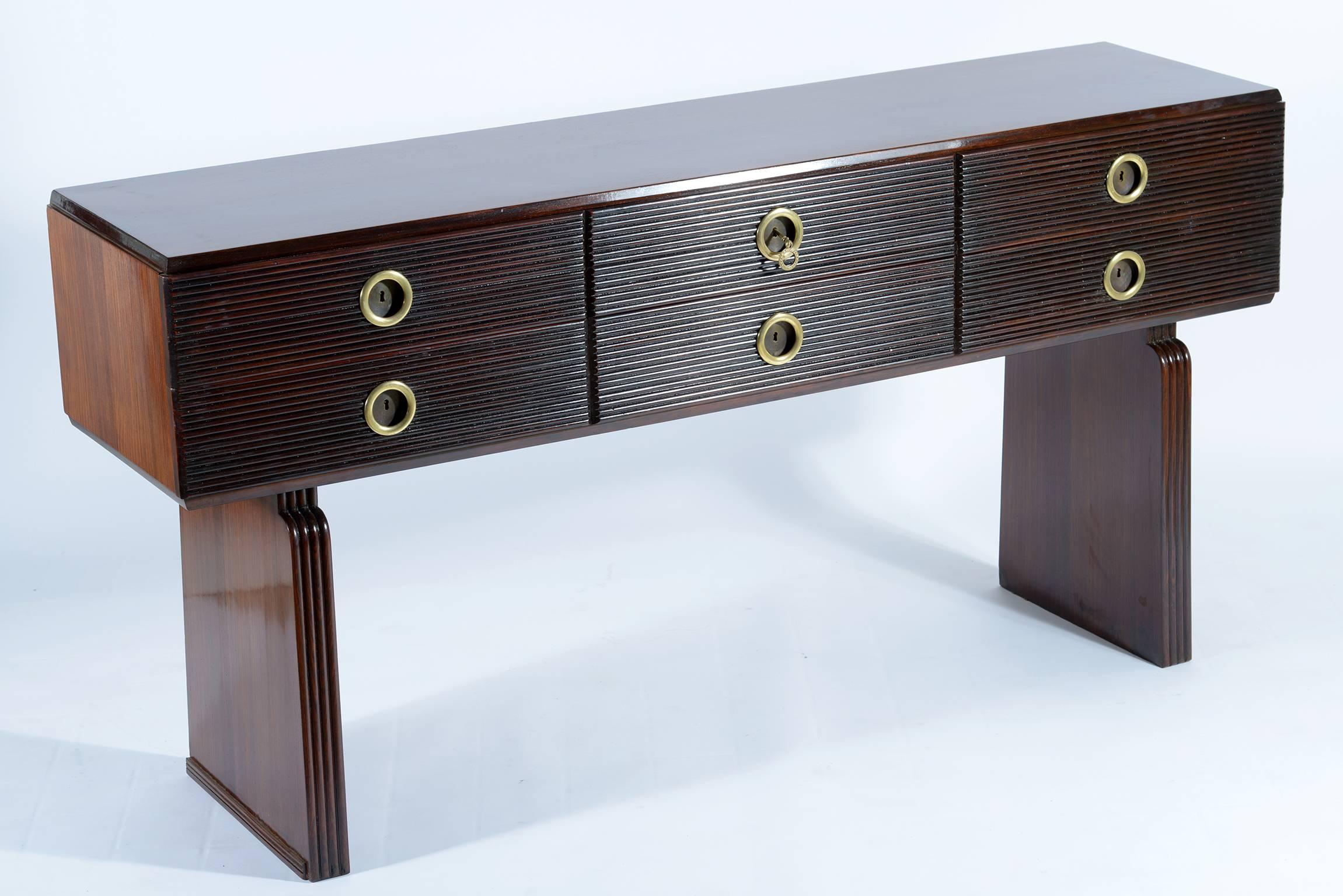 Paolo Buffa Midcentury Italian Six Drawers Bronze Handles Console, 1940 In Good Condition In Firenze, Toscana