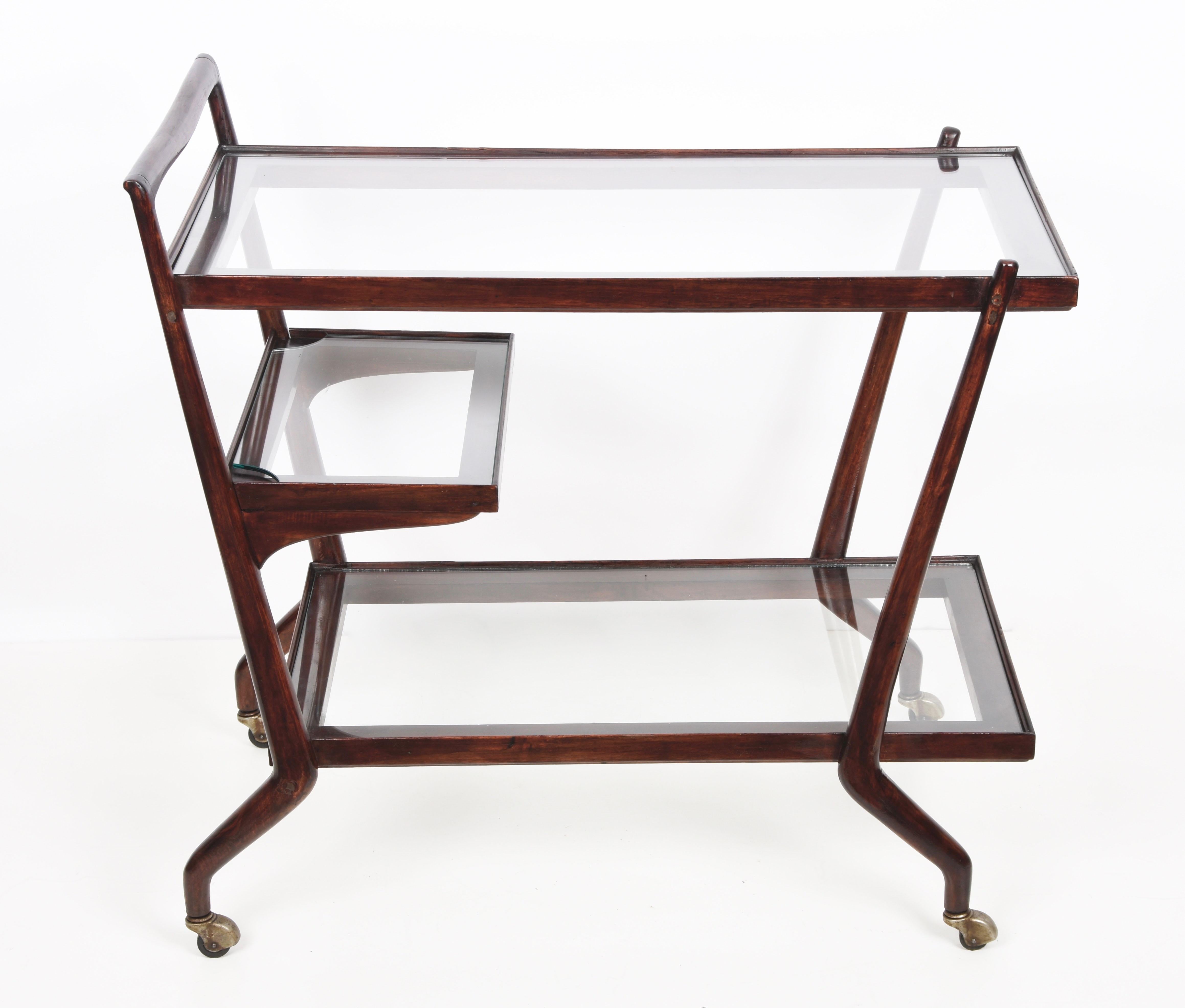 Paolo Buffa Midcentury Three Levels Mahogany and Glass Italian Bar Cart, 1950s 5