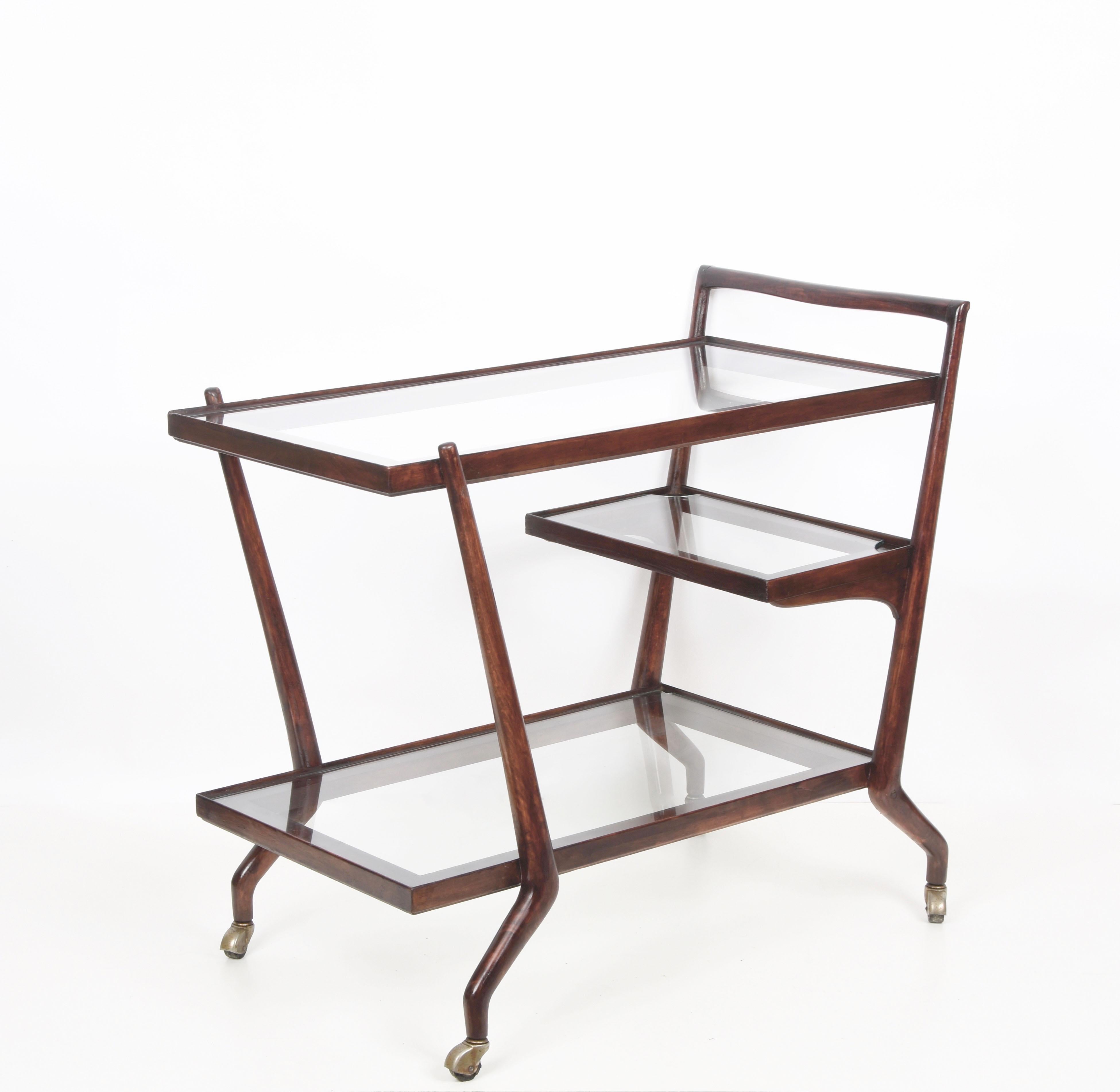 Mid-Century Modern Paolo Buffa Midcentury Three Levels Mahogany and Glass Italian Bar Cart, 1950s