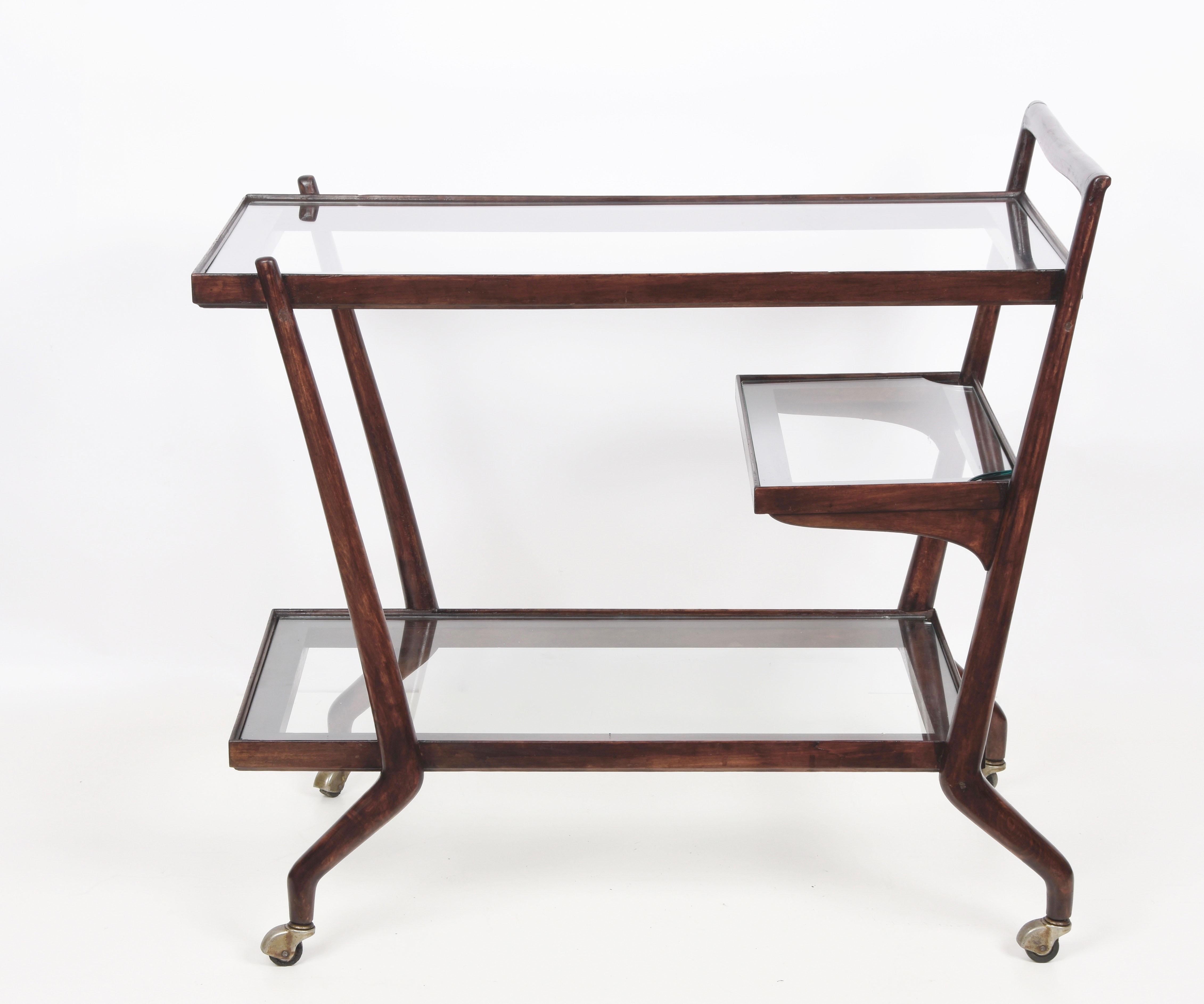 20th Century Paolo Buffa Midcentury Three Levels Mahogany and Glass Italian Bar Cart, 1950s