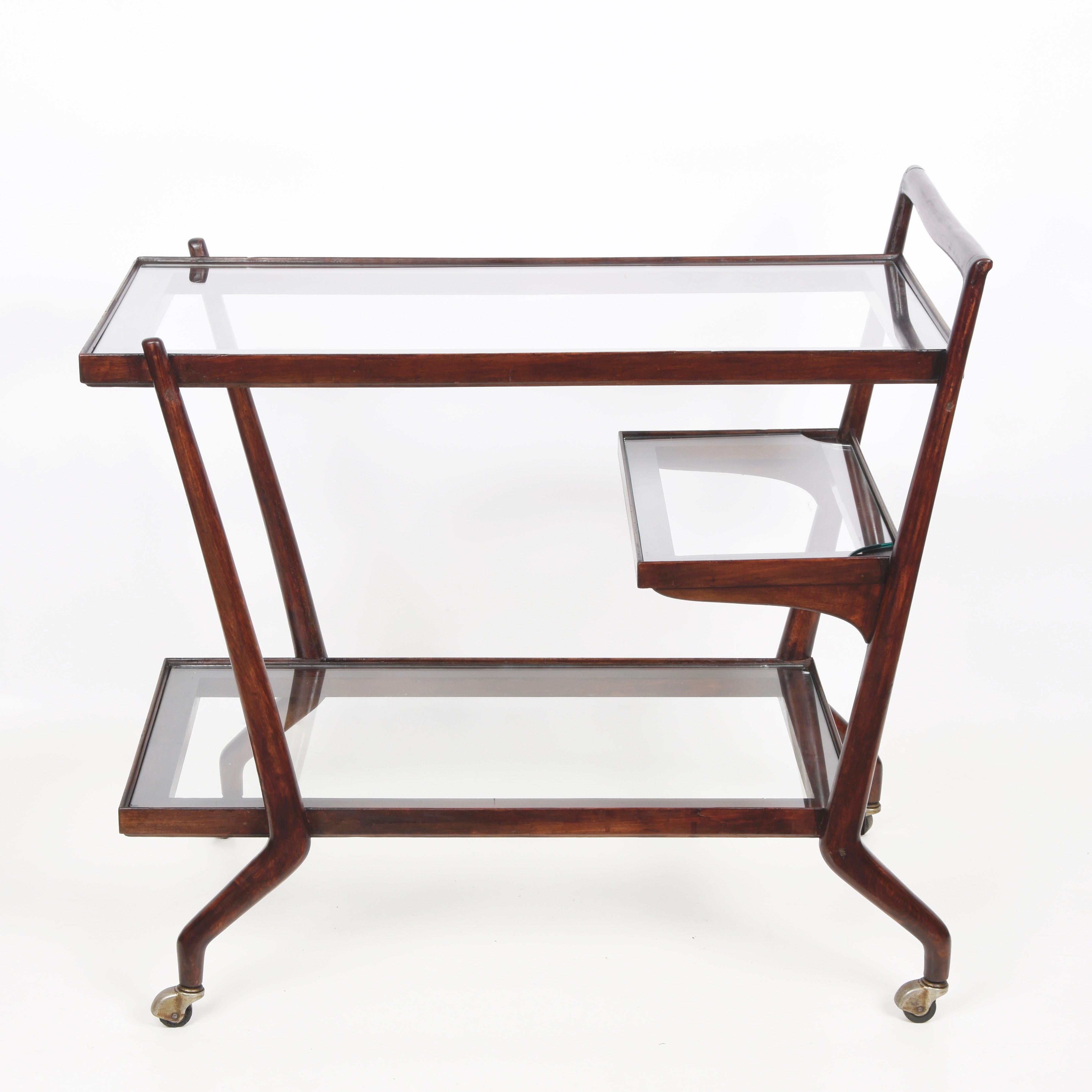 Paolo Buffa Midcentury Three Levels Mahogany and Glass Italian Bar Cart, 1950s 1