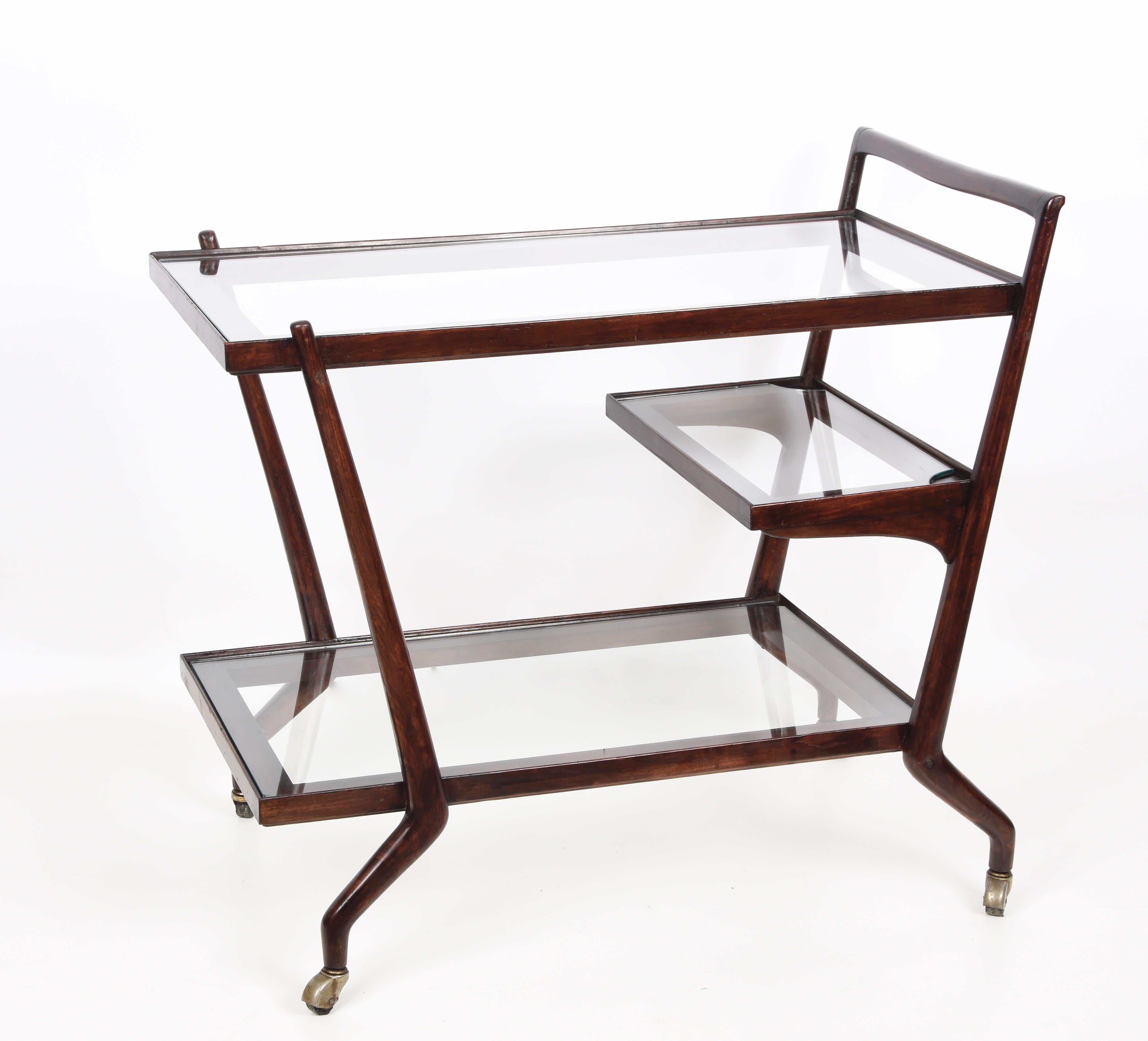 Paolo Buffa Midcentury Three Levels Mahogany and Glass Italian Bar Cart, 1950s 2