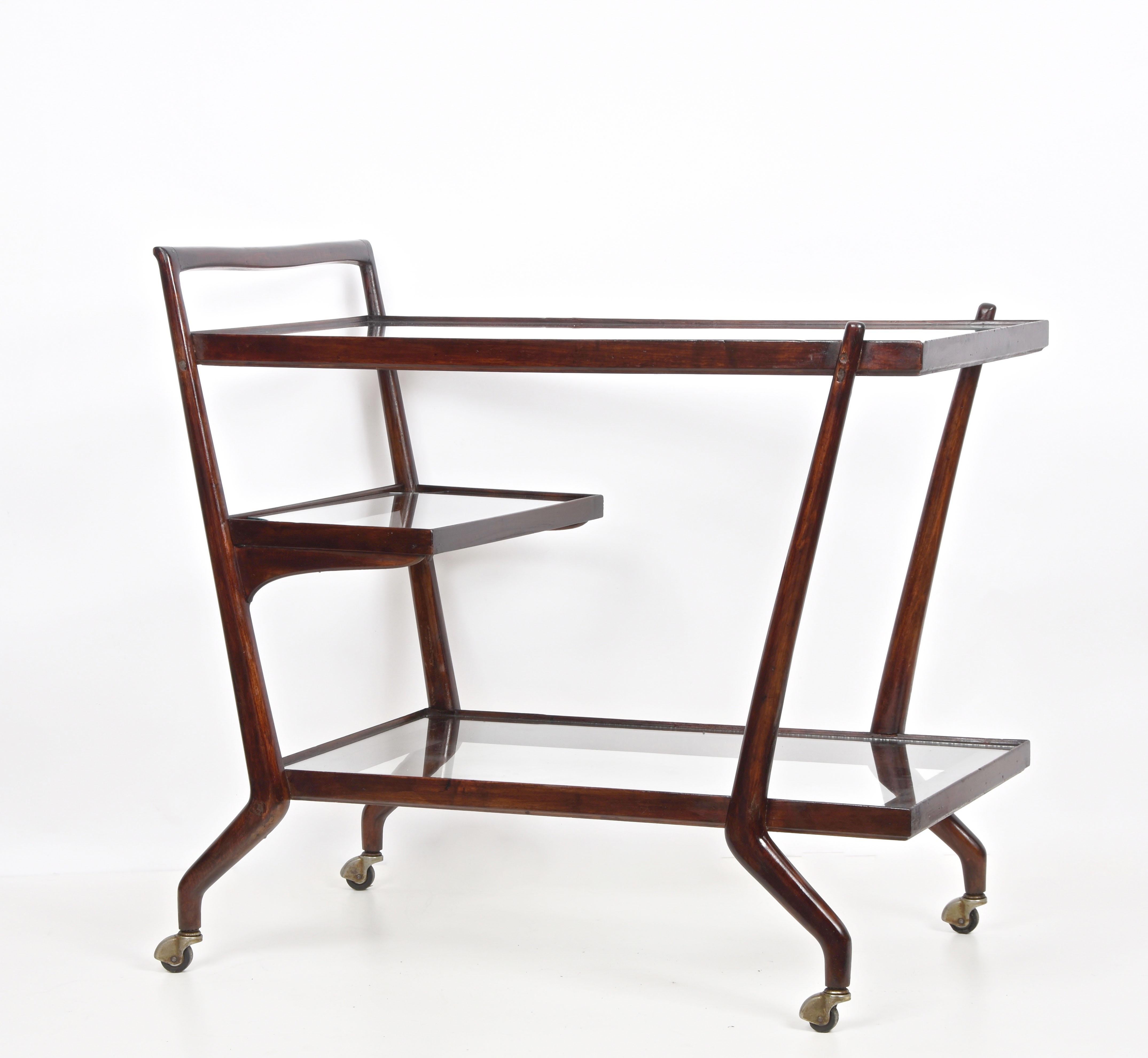 Paolo Buffa Midcentury Three Levels Mahogany and Glass Italian Bar Cart, 1950s 4