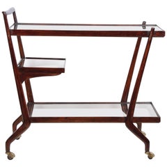 Paolo Buffa Midcentury Three Levels Mahogany and Glass Italian Bar Cart, 1950s