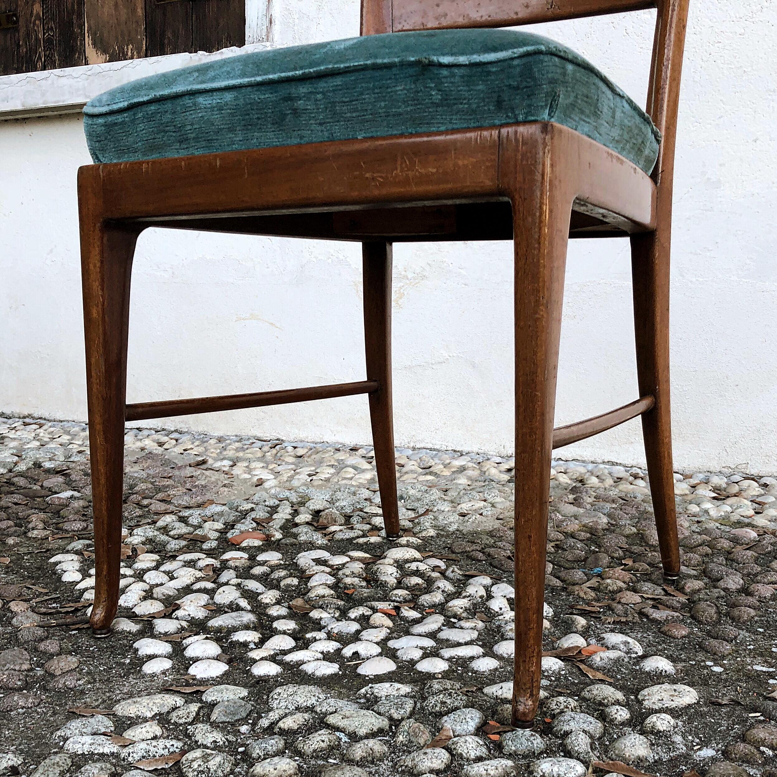 Paolo Buffa Midcentury Walnut and Emerald Velvet Dining Chairs, 1948, Set of 4 For Sale 13
