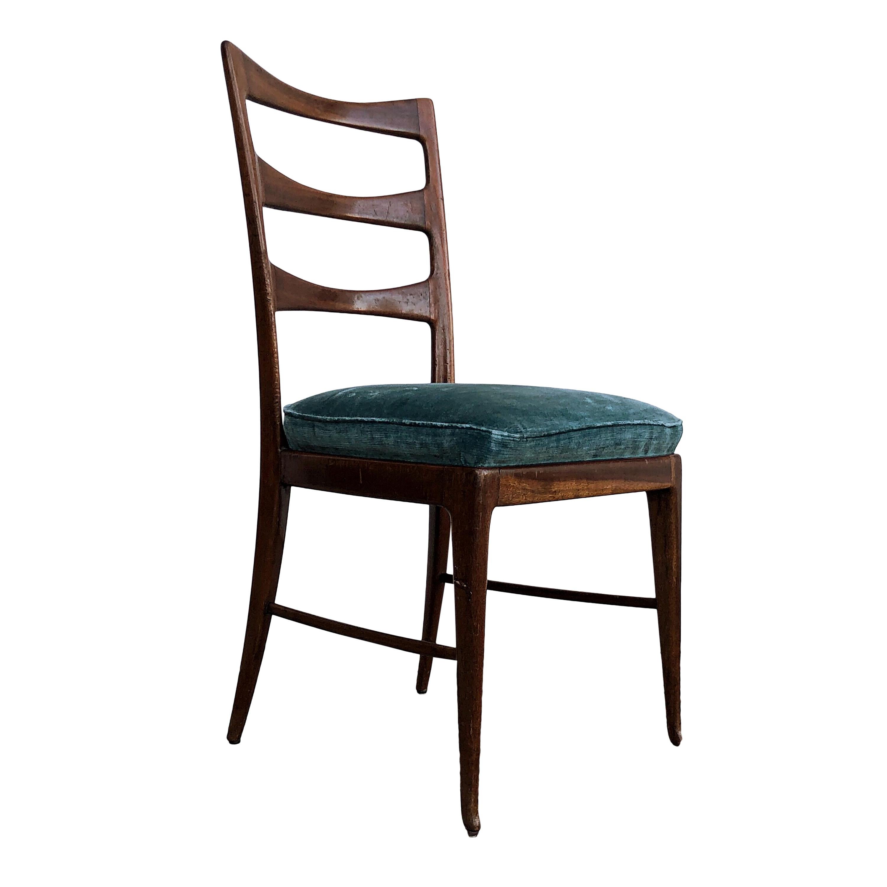 Mid-Century Modern Paolo Buffa Midcentury Walnut and Emerald Velvet Dining Chairs, 1948, Set of 4 For Sale