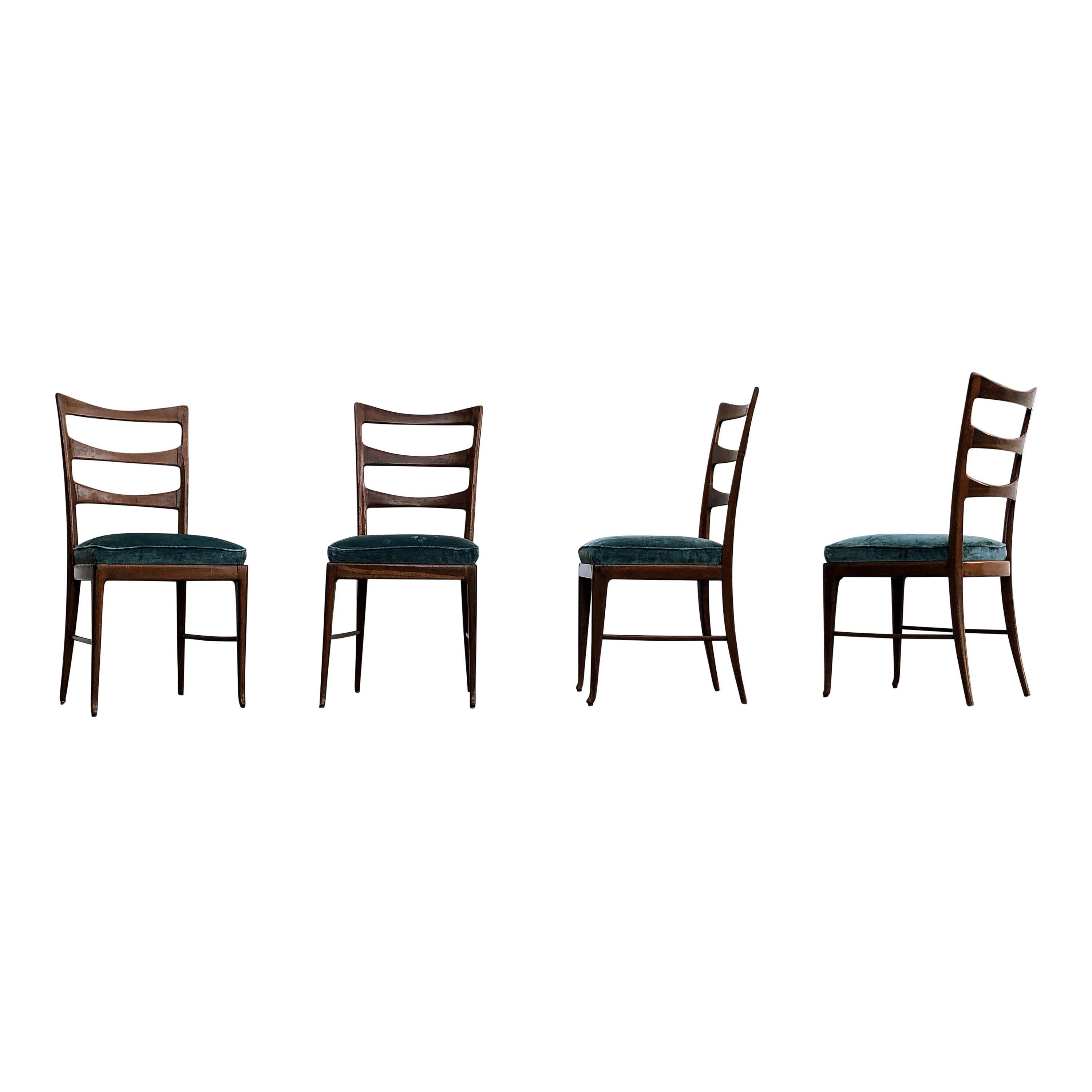Paolo Buffa Midcentury Walnut and Emerald Velvet Dining Chairs, 1948, Set of 4 For Sale