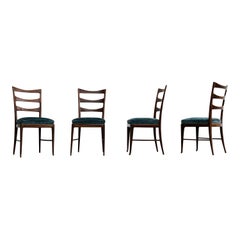 Paolo Buffa Midcentury Walnut and Emerald Velvet Dining Chairs, 1948, Set of 4