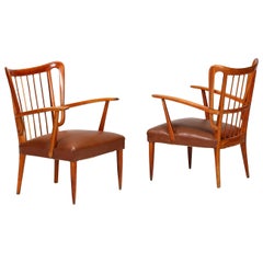 Paolo Buffa Pair of Midcentury Chairs in Cherrywood and Leather, 1950