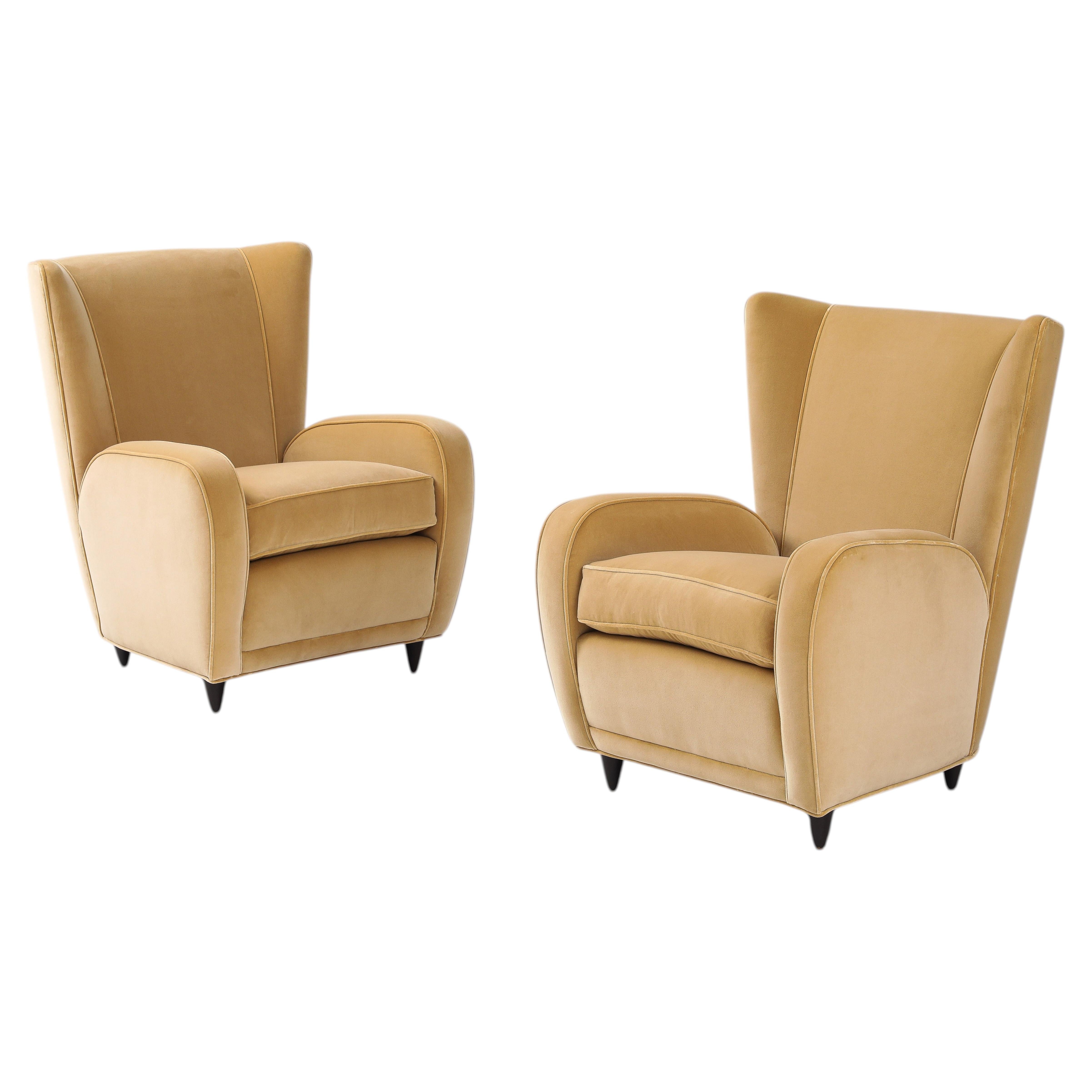 Paolo Buffa Pair of Camel Velvet Lounge Chairs for Hotel Bristol, Merano, 1950s