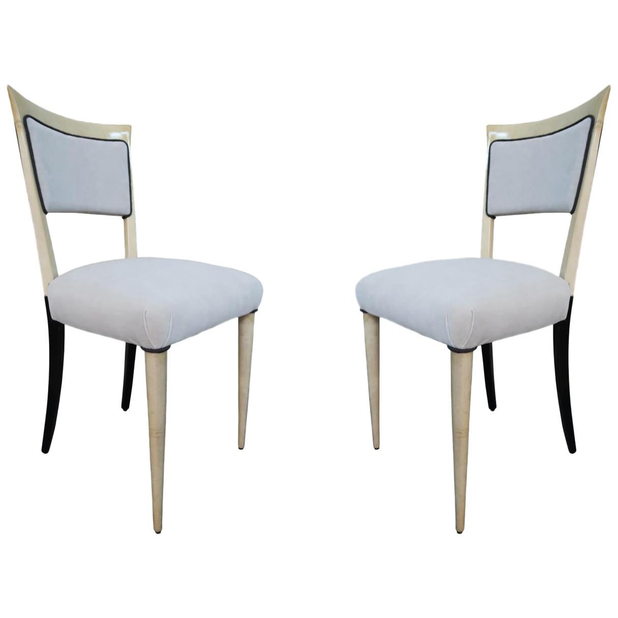 Paolo Buffa, Pair of Gray Velvet, Wood & Parchment Midcentury Chairs, Italy 1960 For Sale