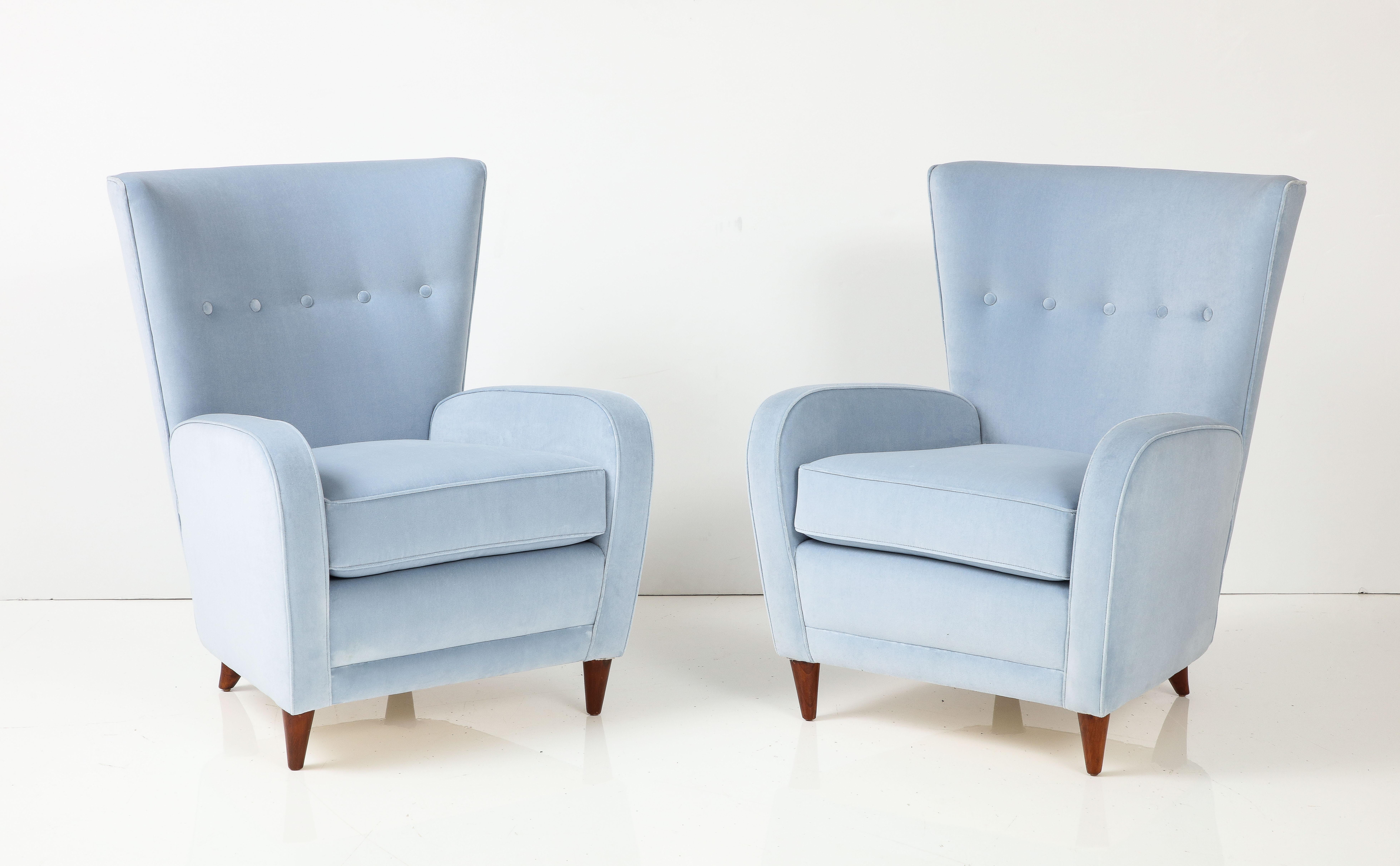 Italian Paolo Buffa Pair of Lounge Chairs in Light Blue Velvet, Italy, 1950s For Sale