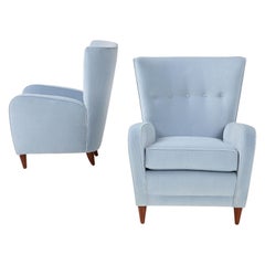 Paolo Buffa Pair of Lounge Chairs in Light Blue Velvet, Italy, 1950s