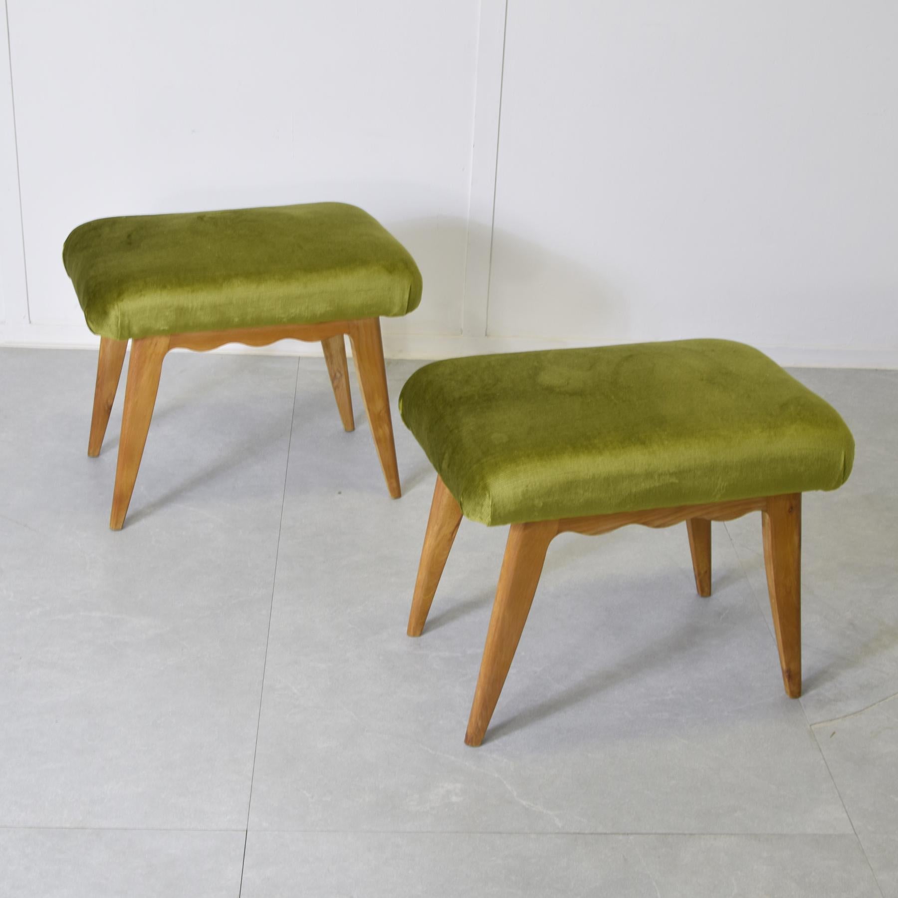 Pair of stools wooden structure seated in olive green velvet in the style of Paolo Buffa Italian production 1960s.
