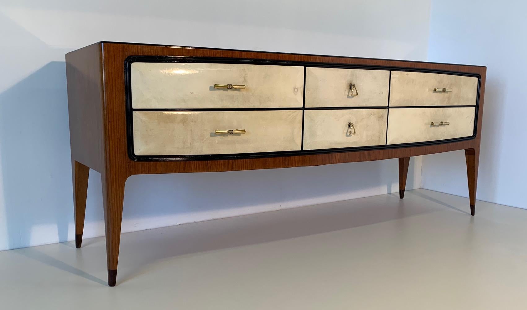 Italian  1950s Parchment and Walnut Chest of Drawers in the Style of Paolo Buffa