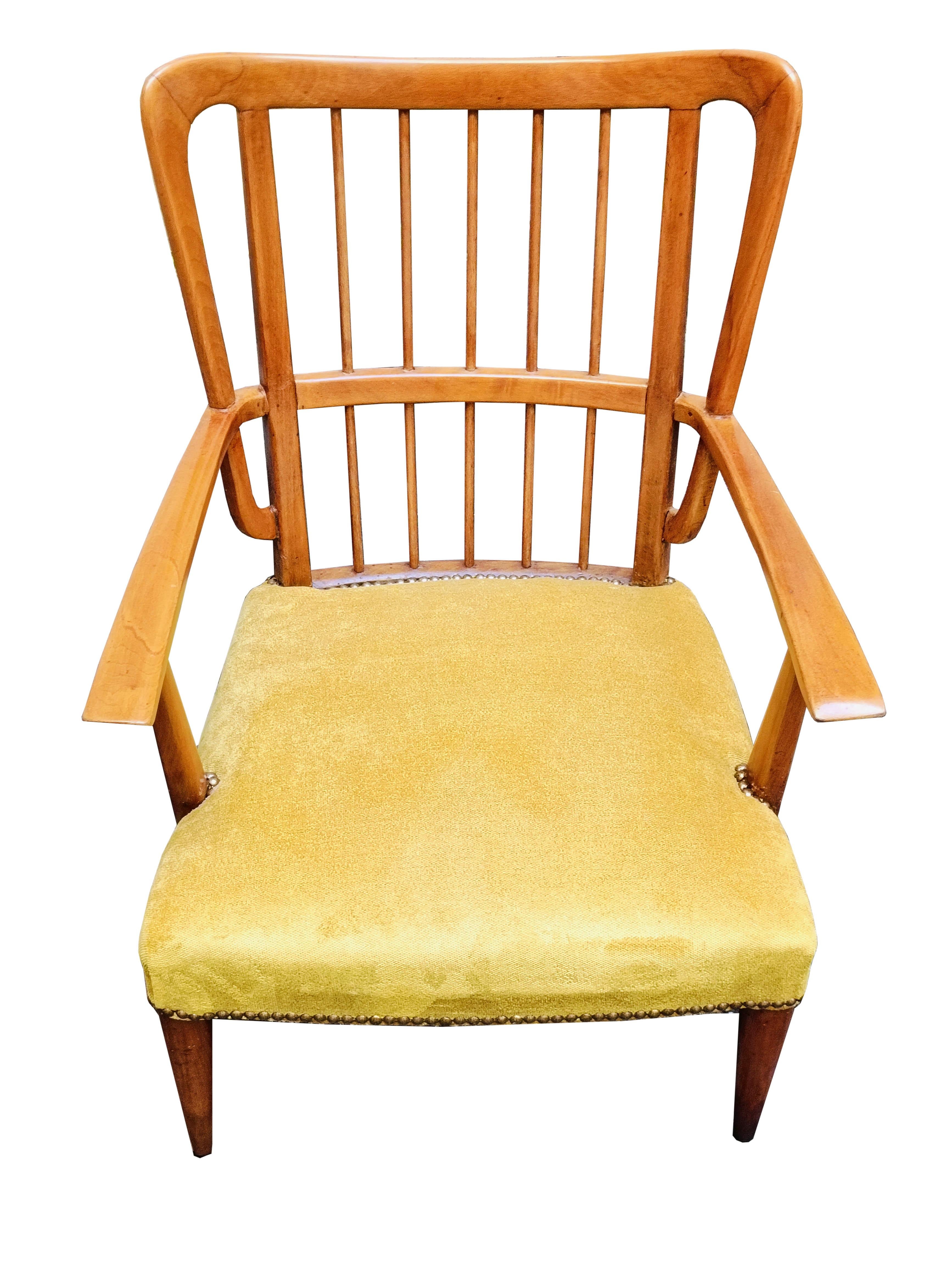Paolo Buffa Wood and Fabric Armchair, Italy 1950s In Good Condition For Sale In Naples, IT