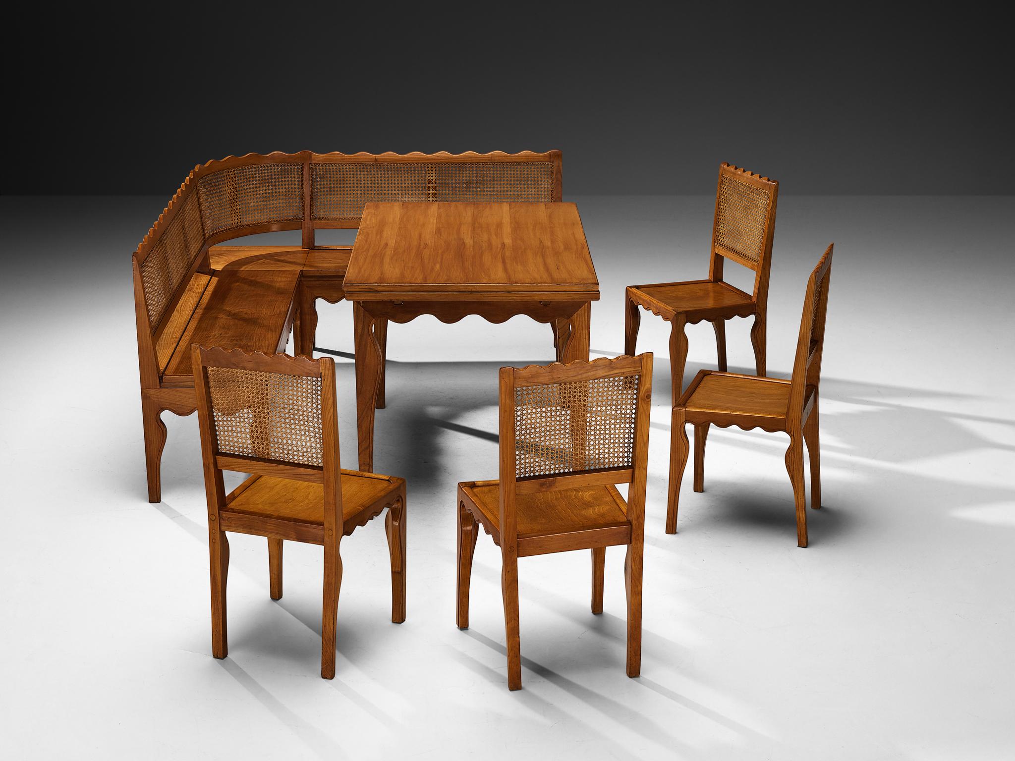Paolo Buffa Raro Conjunto de Comedor con Mesa, Sillas y Banco de Esquina de Madera de Cerezo Italiano en venta