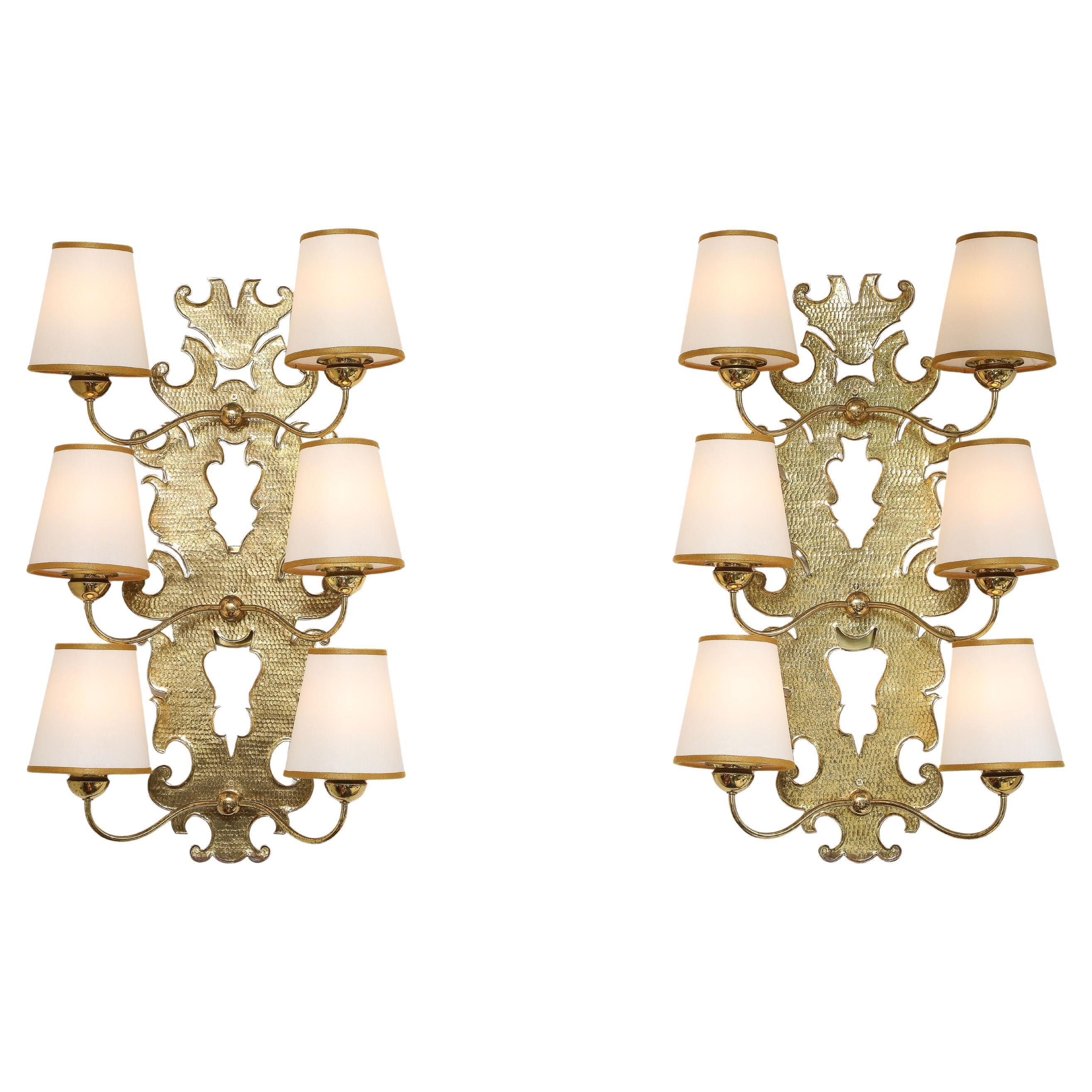 Paolo Buffa Rare Pair of Large Brass Wall Lights with Paper Shades, 1940s