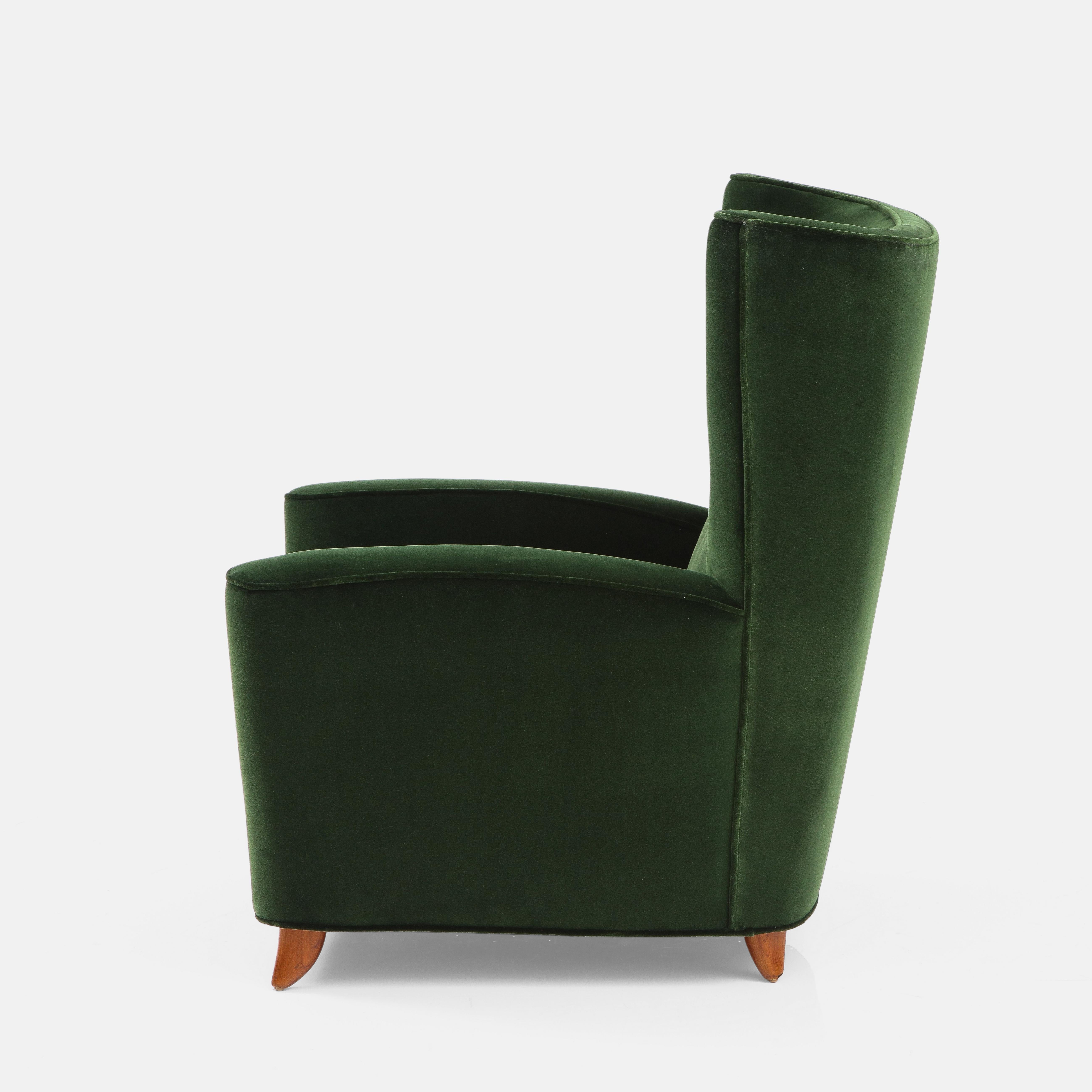 Mid-Century Modern Paolo Buffa Rare Pair of Lounge Chair in Emerald Velvet, Italy, 1950s