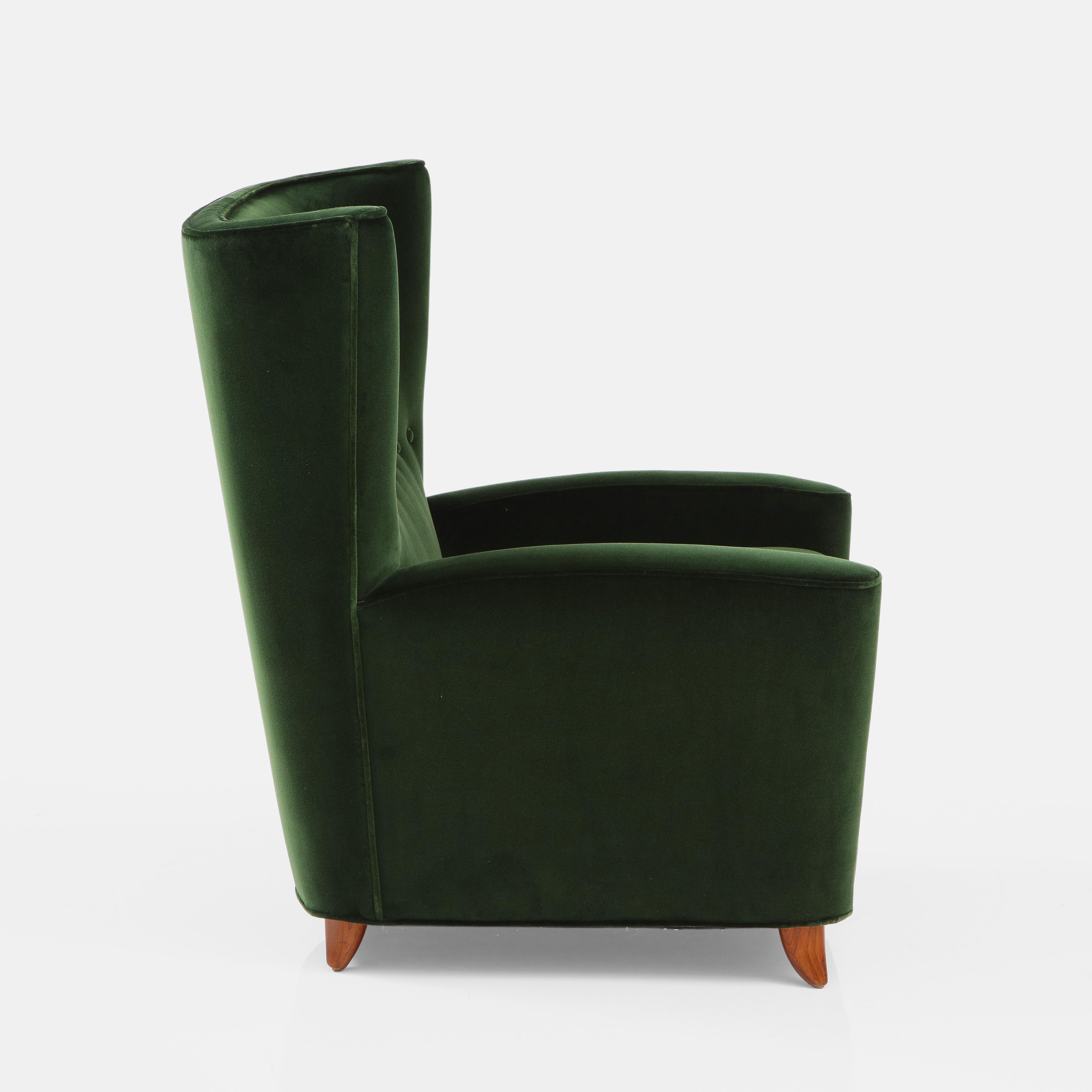 Paolo Buffa Rare Pair of Lounge Chair in Emerald Velvet, Italy, 1950s 1