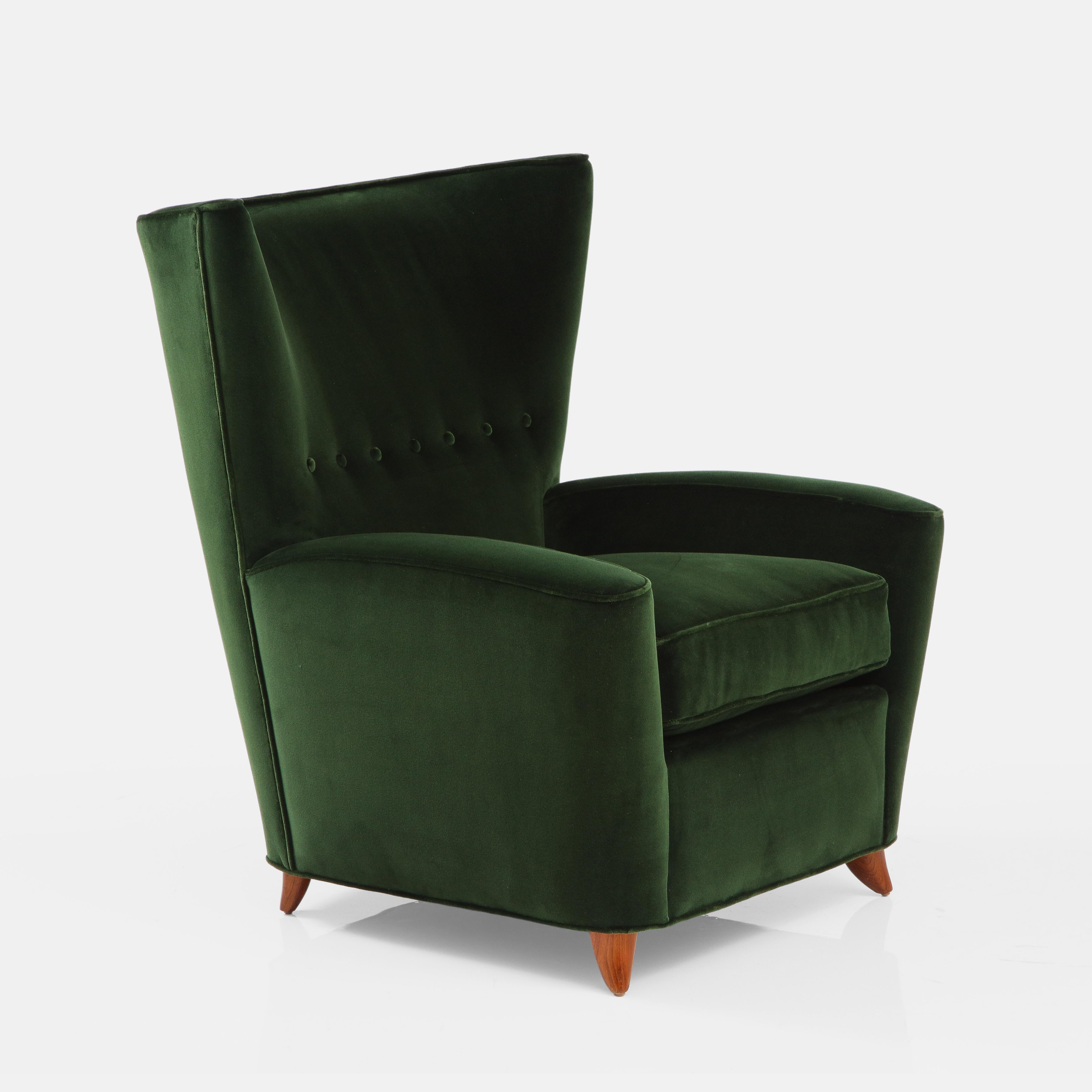 Paolo Buffa Rare Pair of Lounge Chair in Emerald Velvet, Italy, 1950s 2