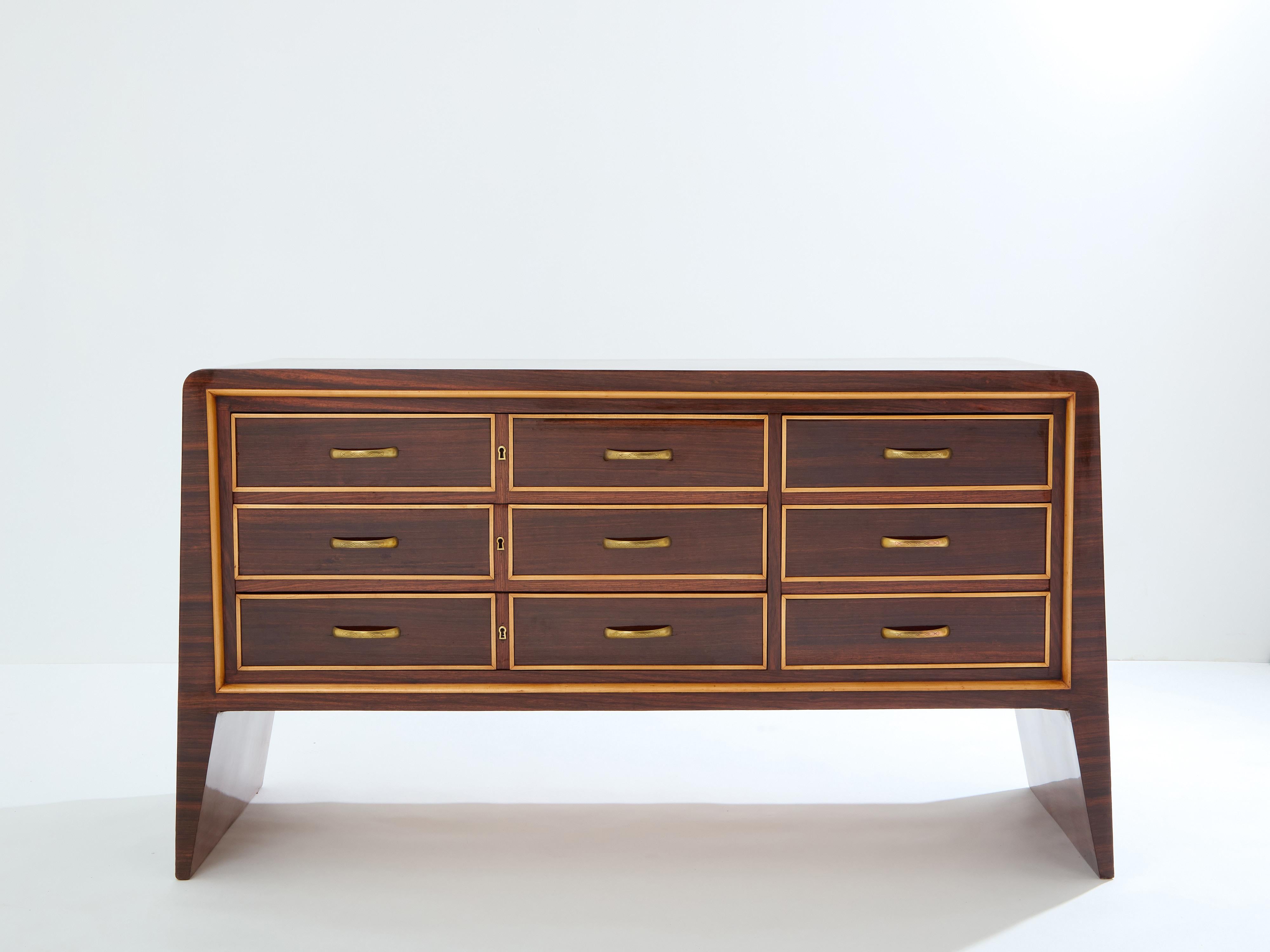 Art Déco Paolo Buffa cassettiera in sicomoro e ottone 1940 in vendita